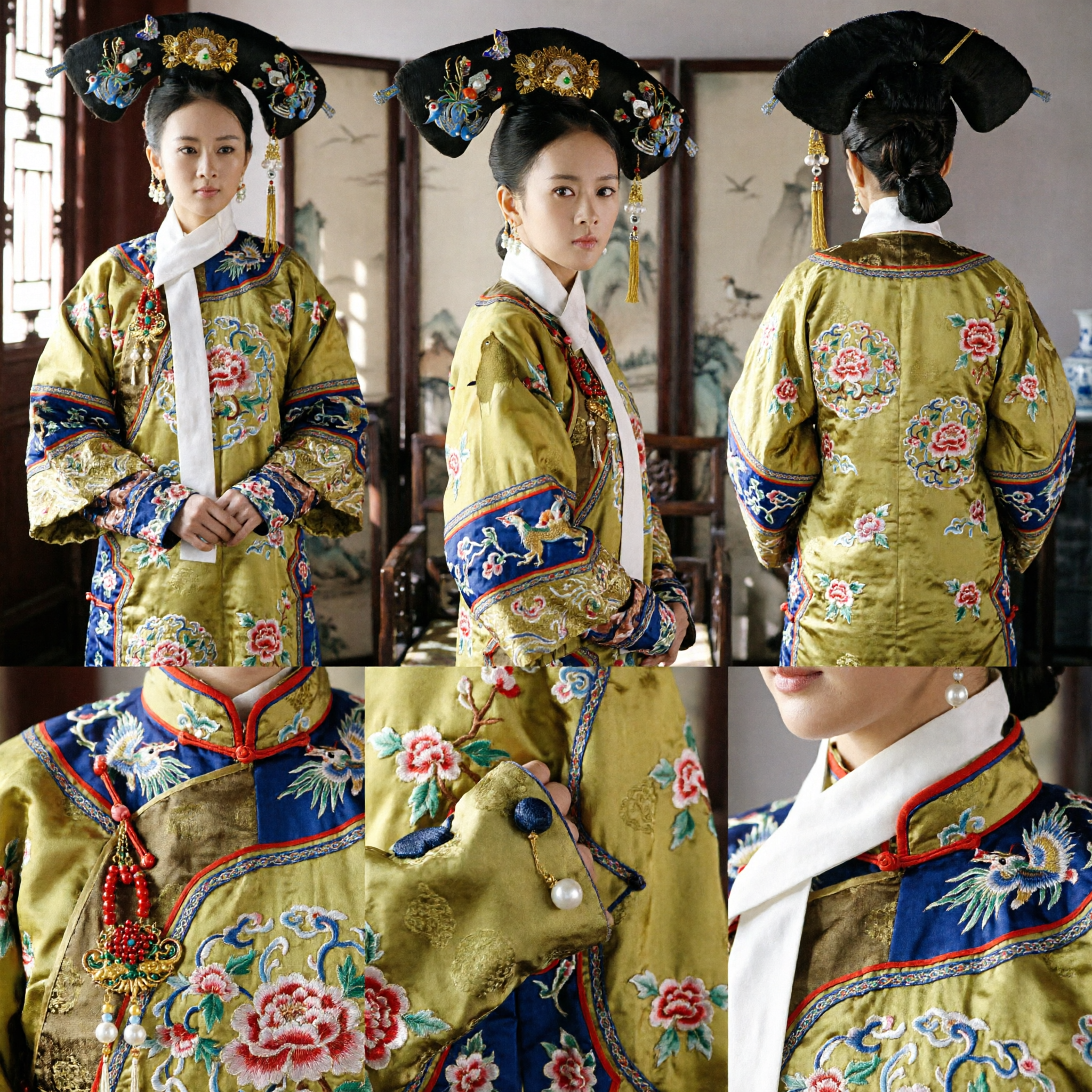Tocado de Princesa Manchu da Dinastia Qing Acessórios de Cabelo Tradicionais Chineses para Mulheres Cosplay e Fotografia - Asian Costume