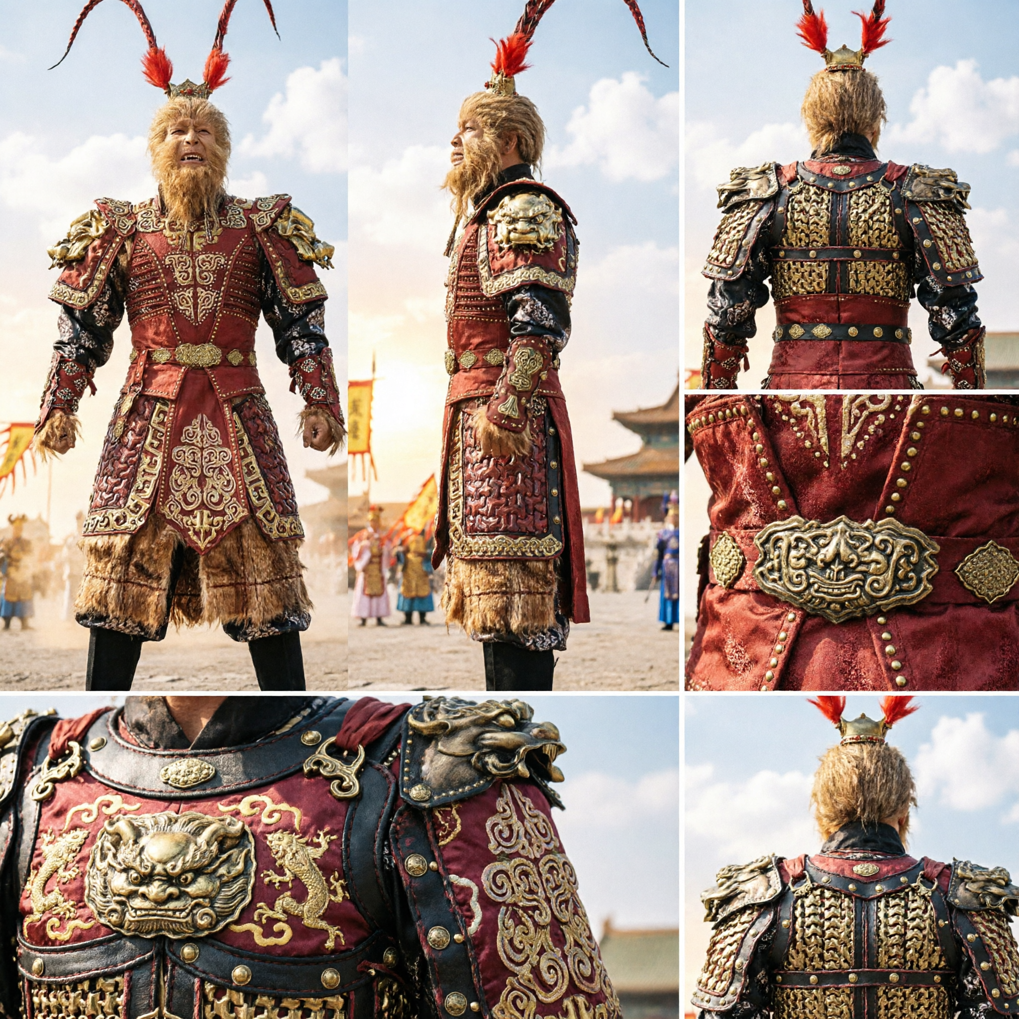 Traditioneel Chinese Apenkoning Sun Wukong cosplay kostuum rood goud harnas voor mannen volwassenen optreden - Asian Costume