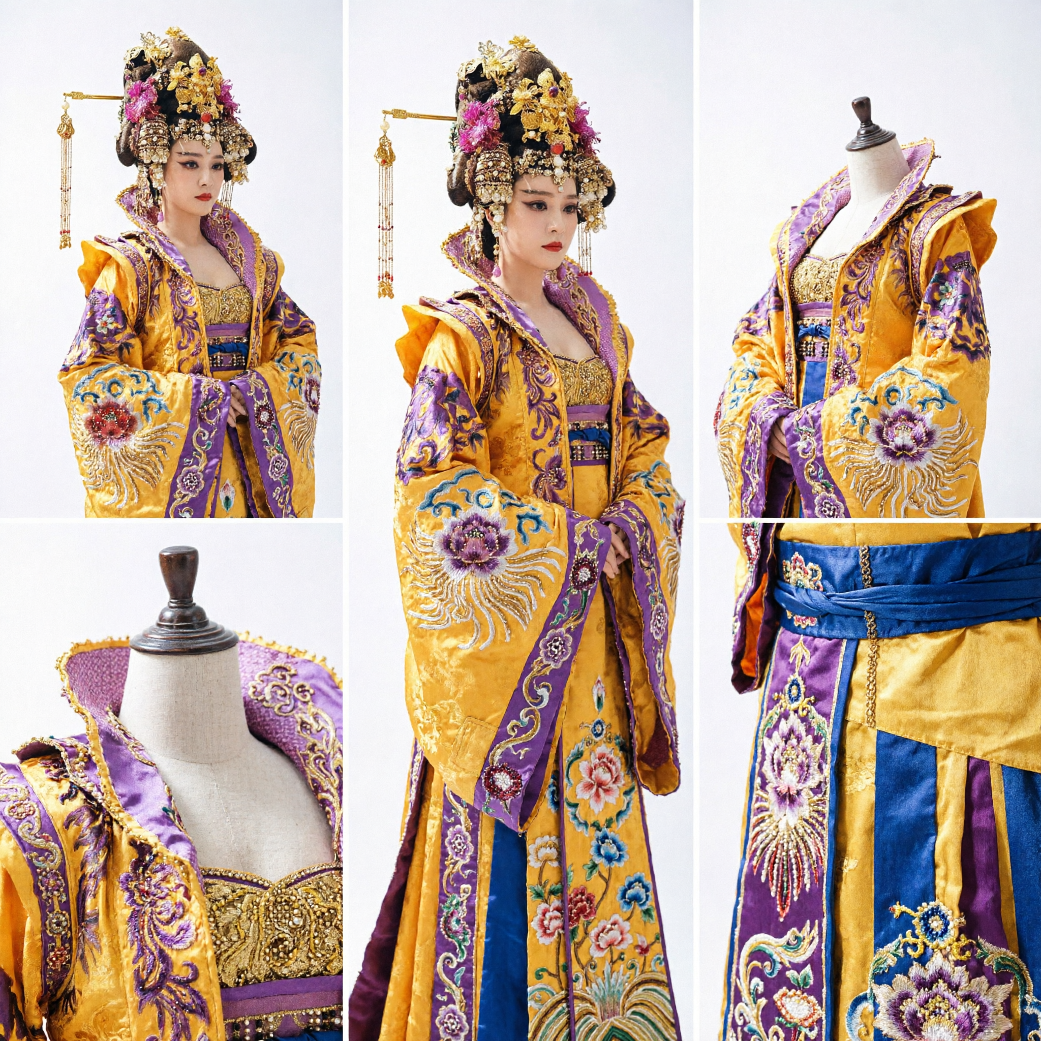 إكسسوارات شعر إمبراطورة عهد تانغ الصينية القديمة - قطعة رأس ذهبية زهرية مع دبوس شعر طويل لزي الهانفو - Asian Costume