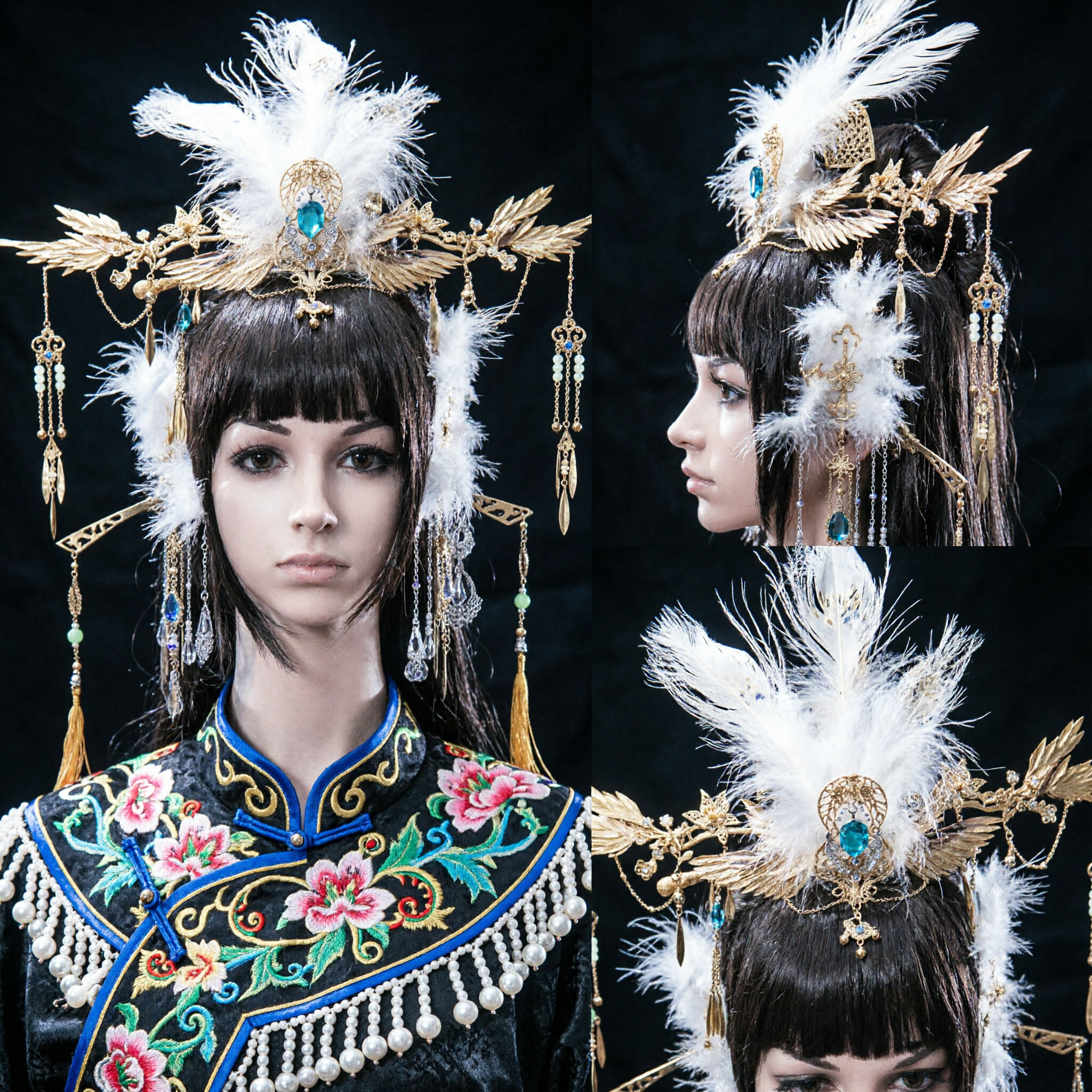 Traditional Chinese Phoenix Crown Headdress with White Feathers and Gold Wings for Hanfu Cosplay and Bridal Costume - Asian Costume