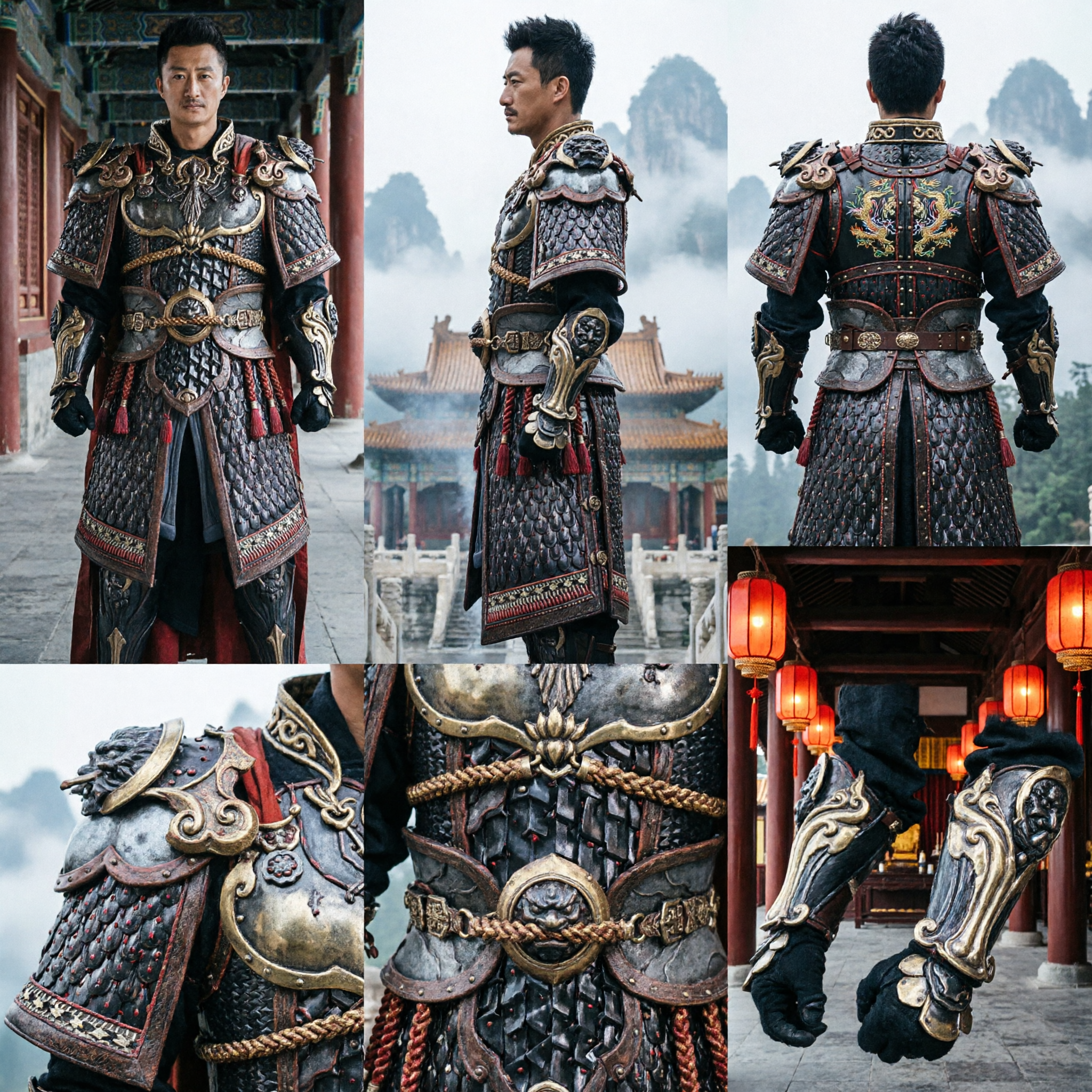 Männer-Antike chinesische General-Krieger-Rüstung Kostüm Schwarz Gold Drache Cosplay-Outfit für Halloween - Asian Costume