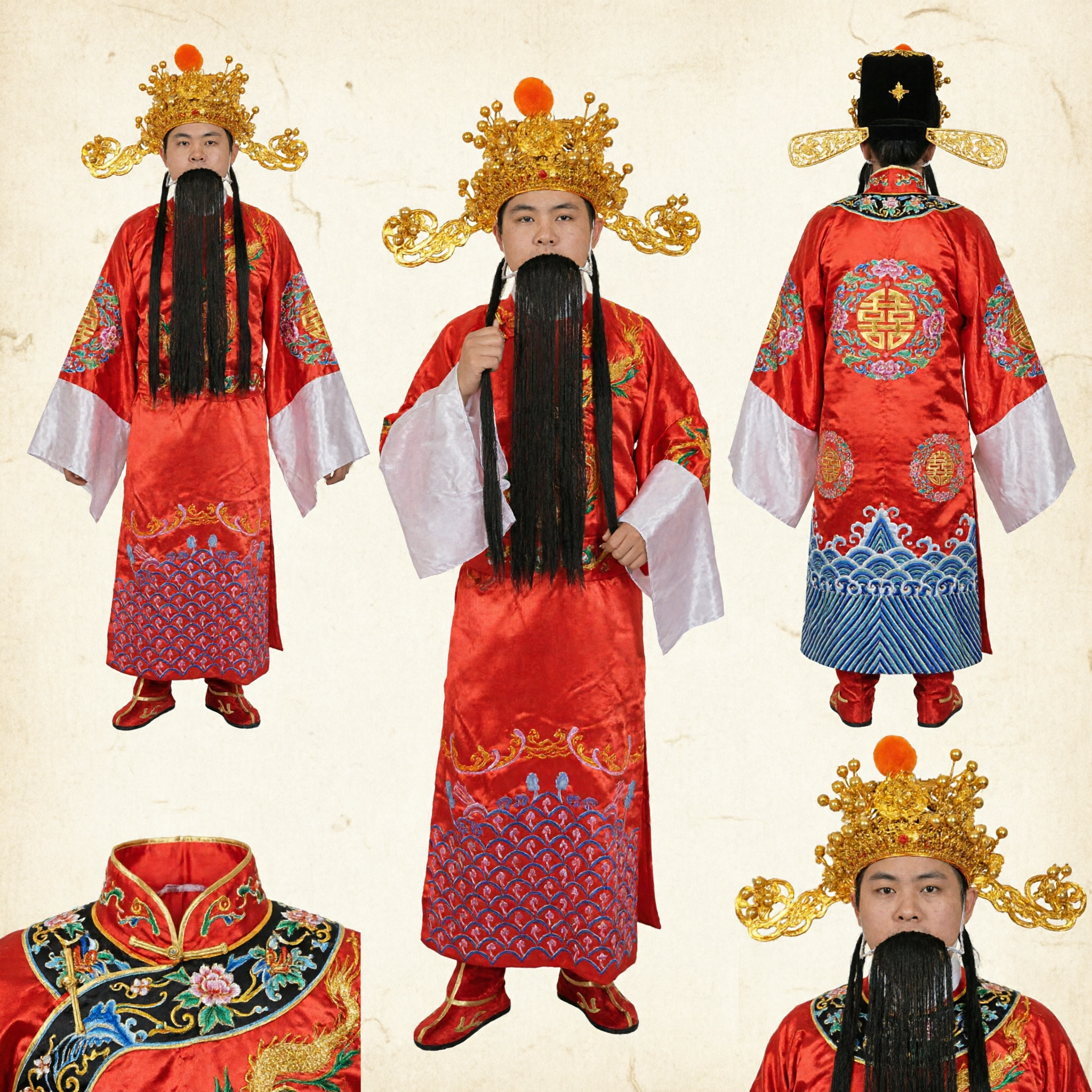 Men's Traditional Chinese Emperor Costume Red Dragon Robe with Crown and Beard for Stage Performance - Asian Costume