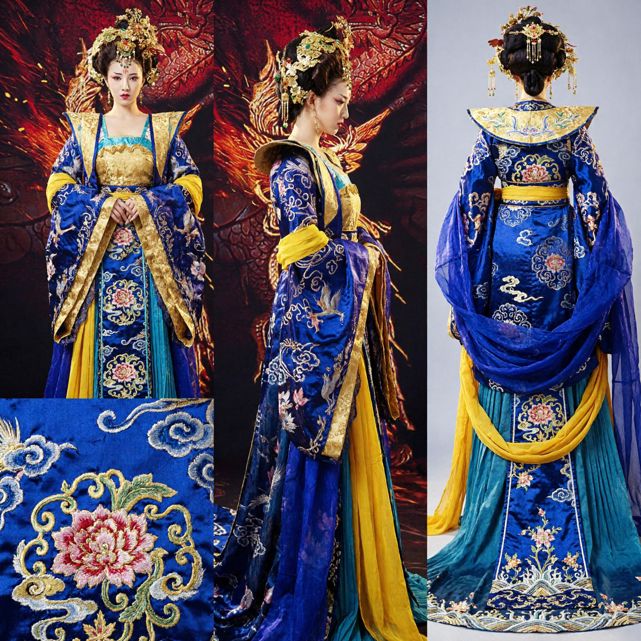 Traditionele Chinese Tang Dynastie Keizerin Hanfu Kostuum Blauw en Goud Koninklijke Jurk voor Vrouwen Optreden - Asian Costume