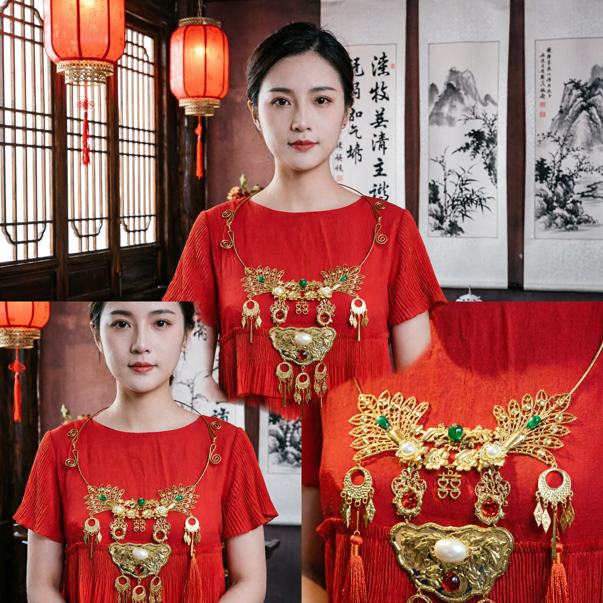 Collana Tradizionale Cinese Fenice d'Oro Nuziale Gioielli da Sposa con Gemme Rosse per Accessori Costume Hanfu - Asian Costume