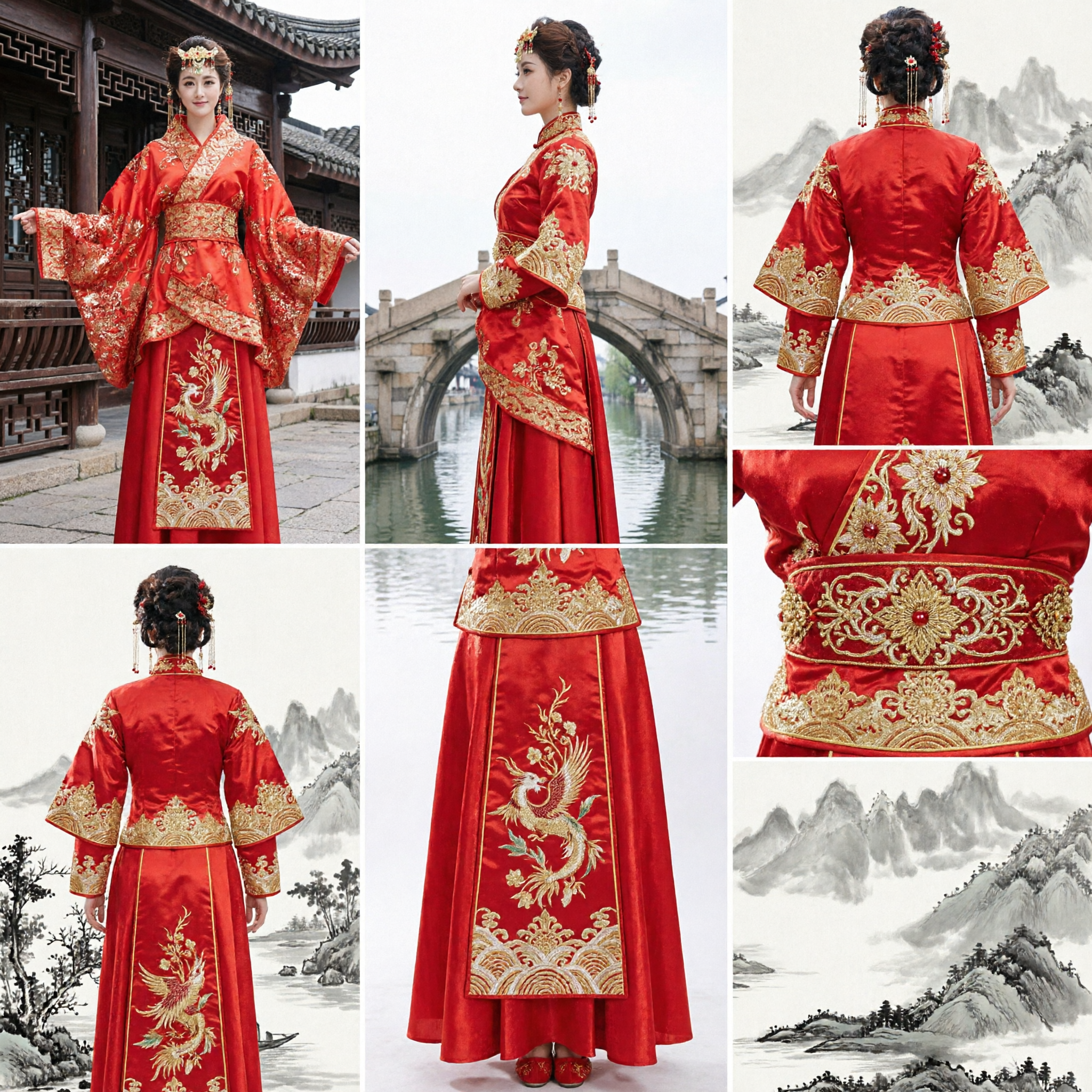 전통 중국 홍색 한푸 의상, 여성 고대 웨딩 드레스 금 자수 공연복 - Asian Costume