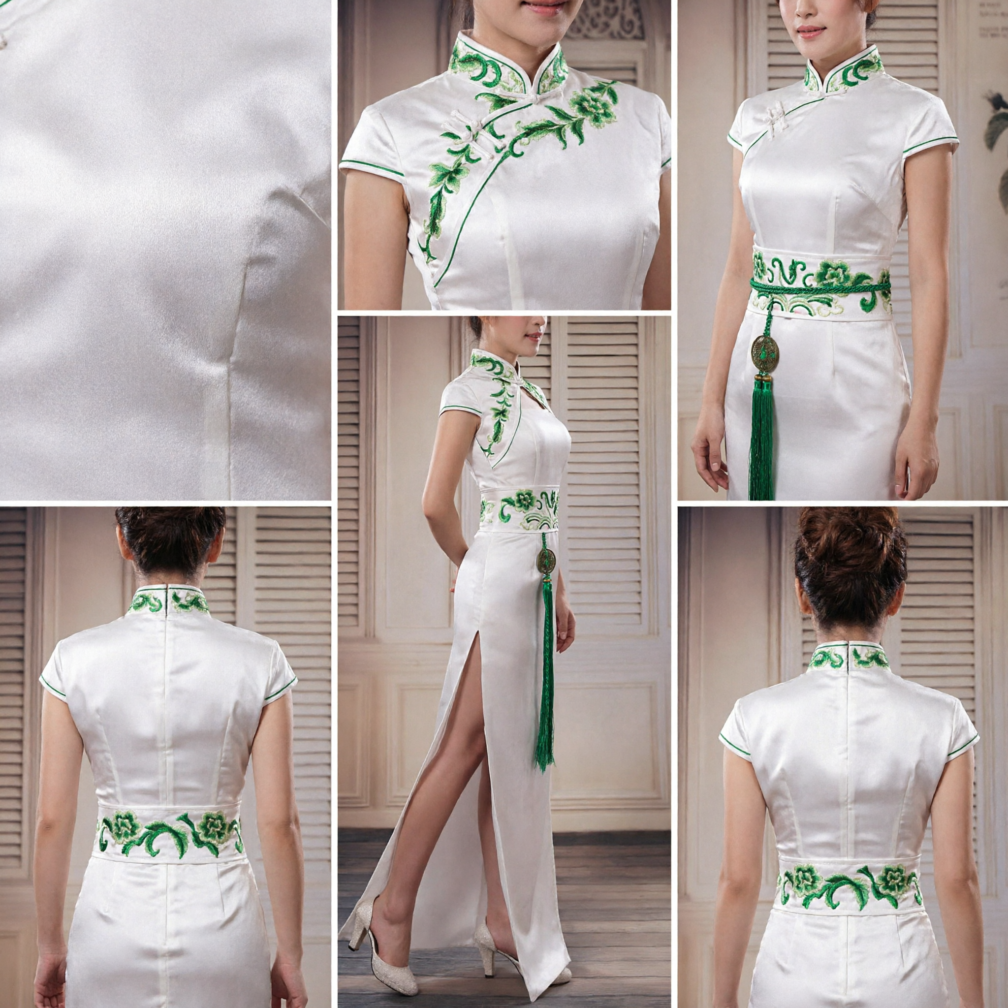 Vestido Longo Qipao Branco Elegante com Bordado Verde, Cheongsam Tradicional Chinês para Mulheres em Banquetes de Casamento - Asian Costume