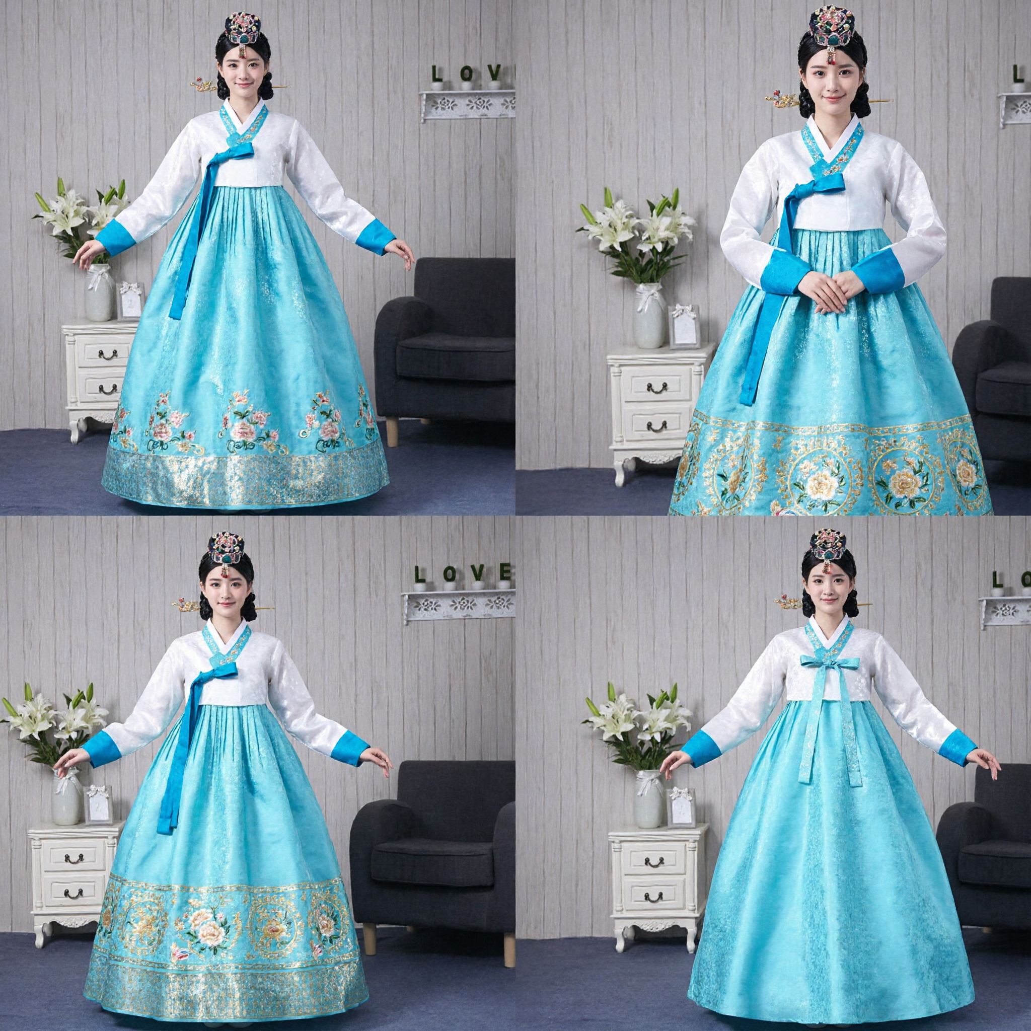 우아한 여성 전통 한국 한복 청치마와 흰 저고리 웨딩 파티 정장 - Asian Costume