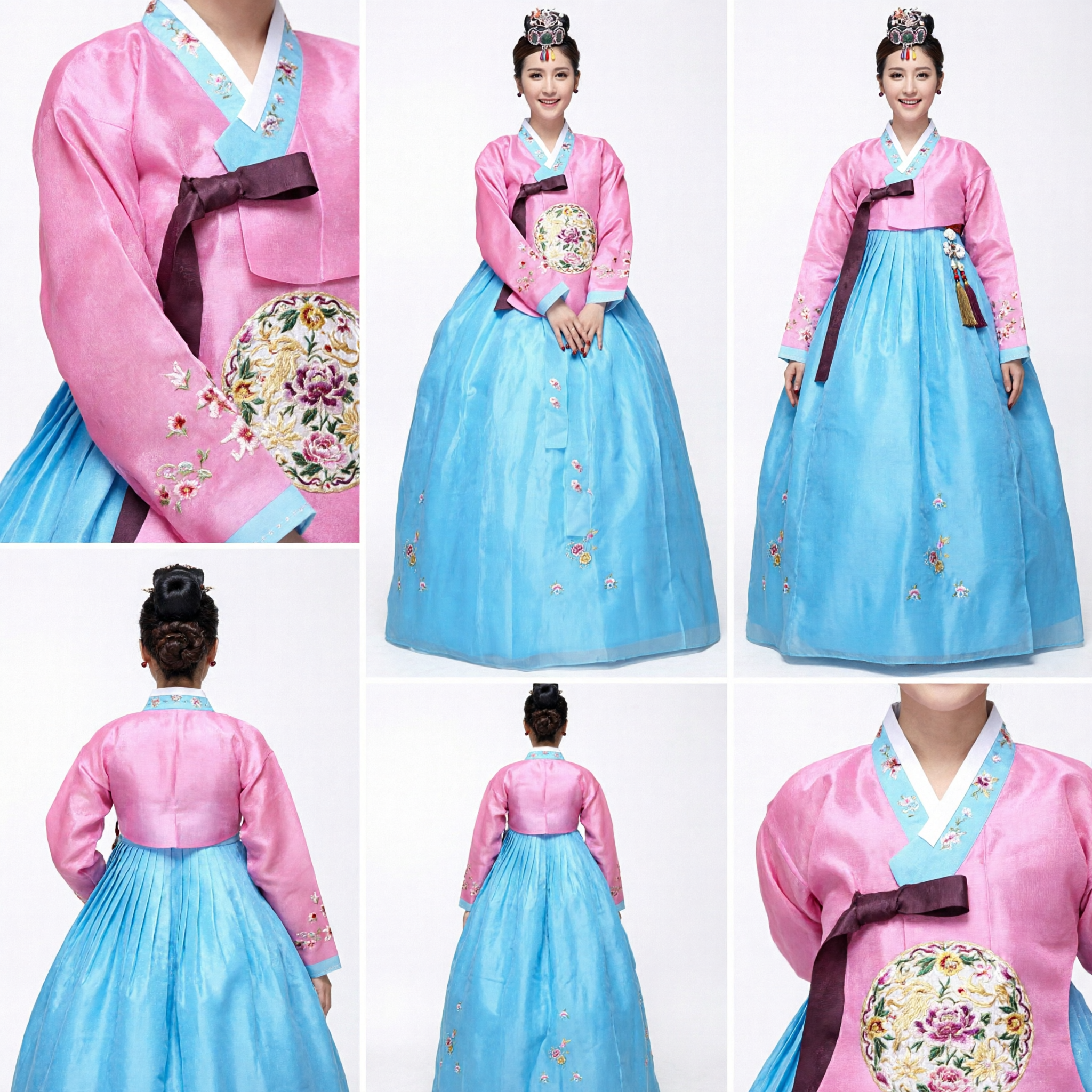 Women's Embroidered Korean Hanbok Pink Jeogori Blue Chima Palace Dress for Wedding and Special Occasions - Asian Costume