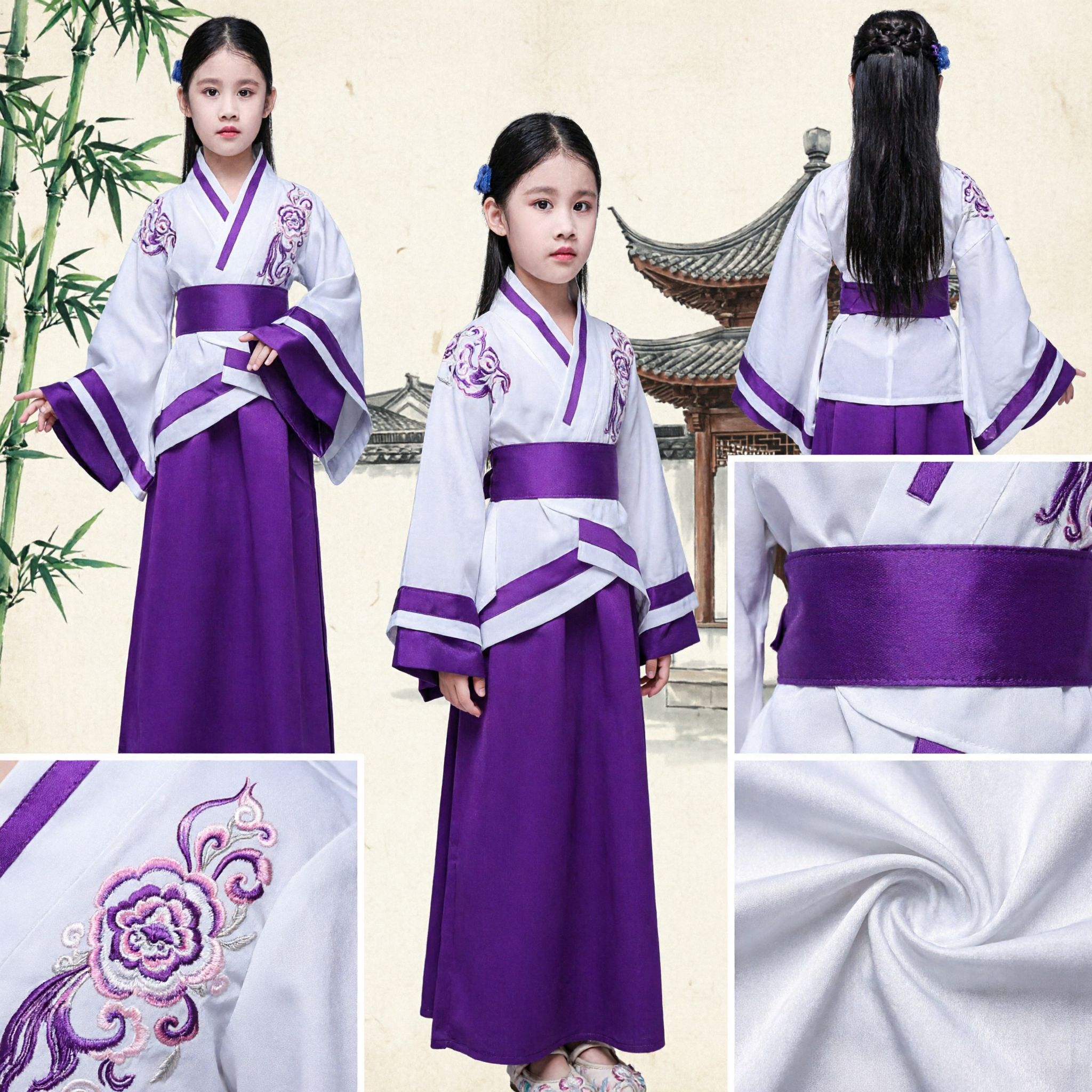 Traje Tradicional Chinês Hanfu para Meninas Vestido Antigo Roxo e Branco Roupa de Performance Infantil - Asian Costume