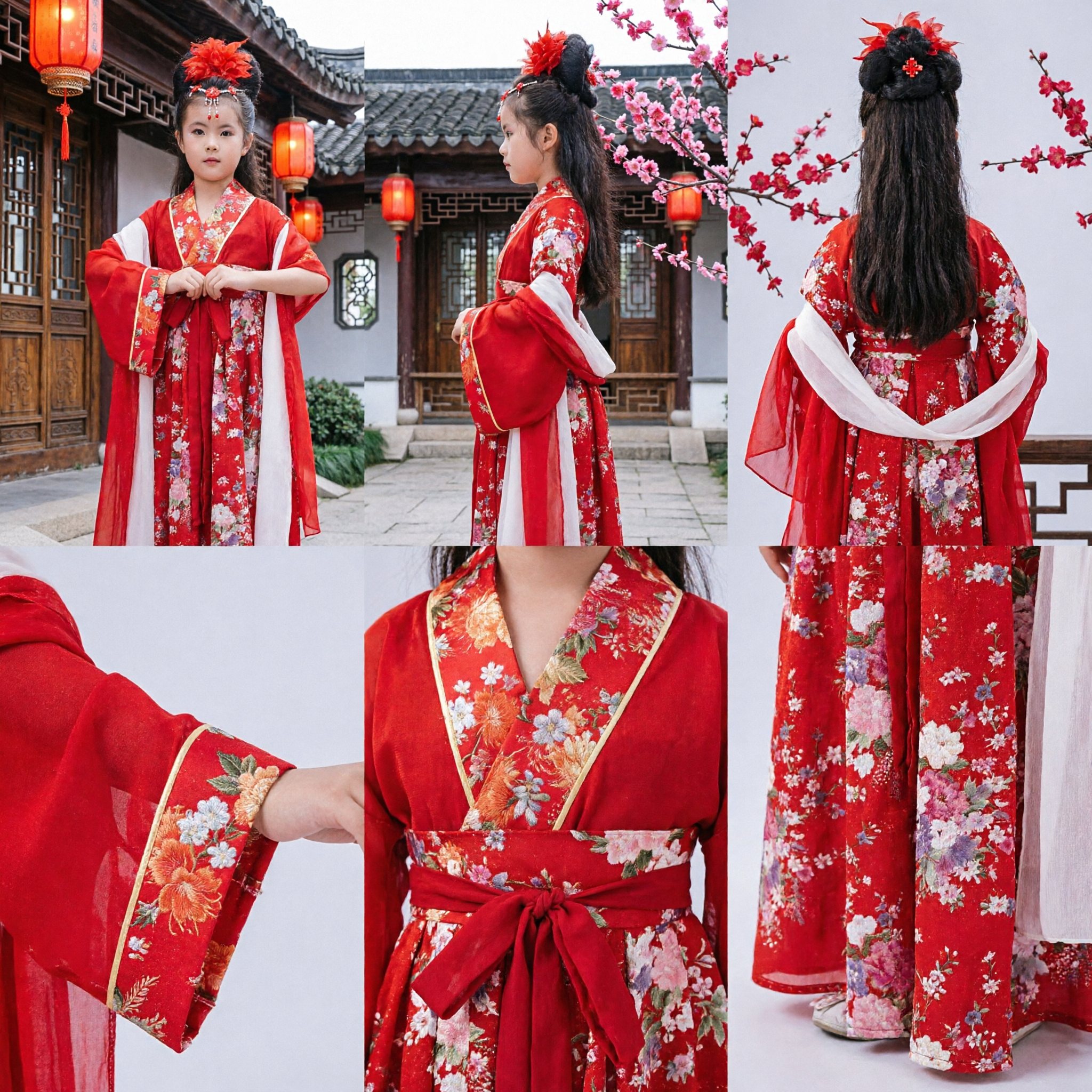 Abito da Palazzo Hanfu della Dinastia Tang Cinese Tradizionale per Bambine Costume Floreale Rosso per Danza e Performance - Asian Costume