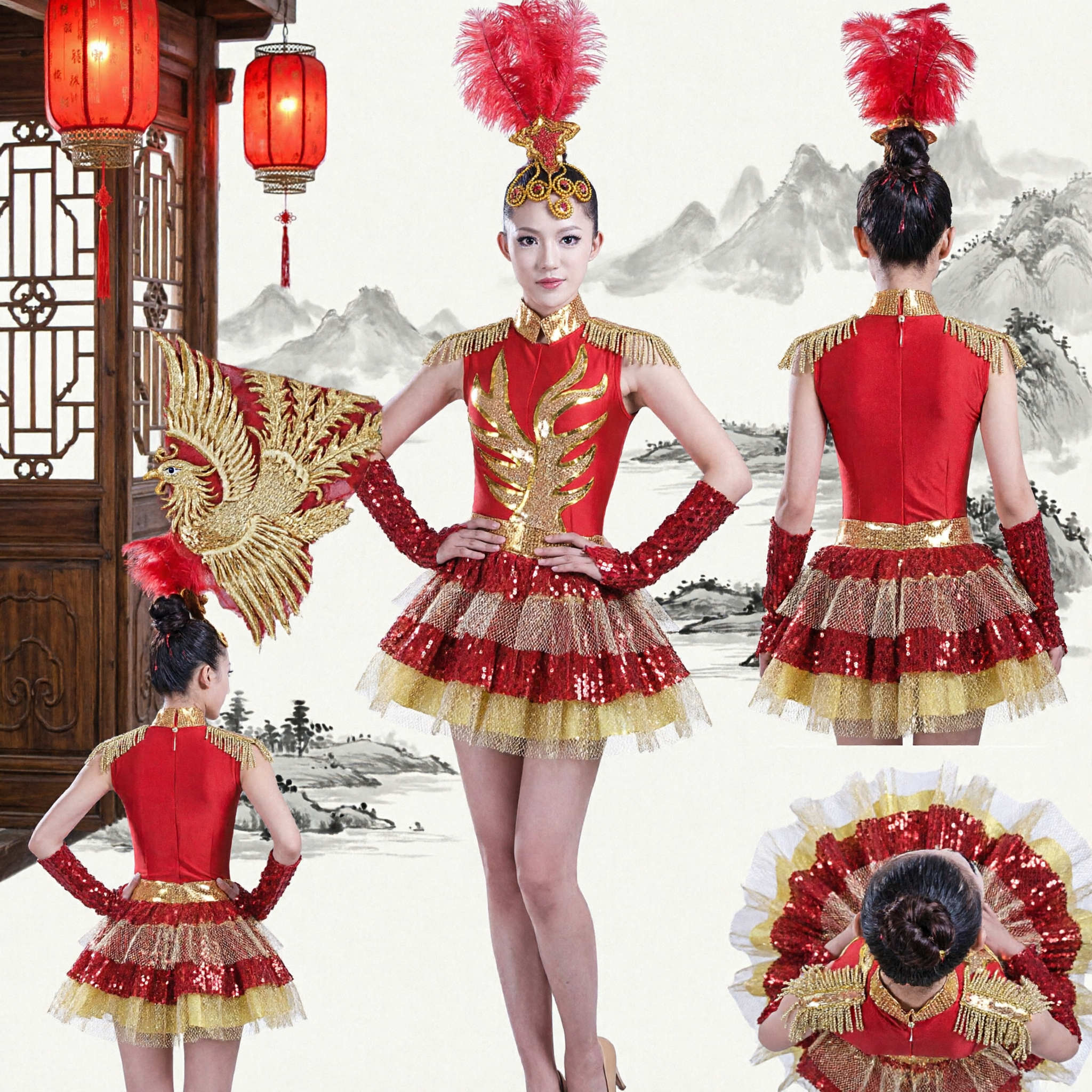 Uniforme de Banda de Marcha Majorette Rojo y Dorado para Mujer Traje de Danza con Tocado de Plumas para Actuación en Escenario - Asian Costume