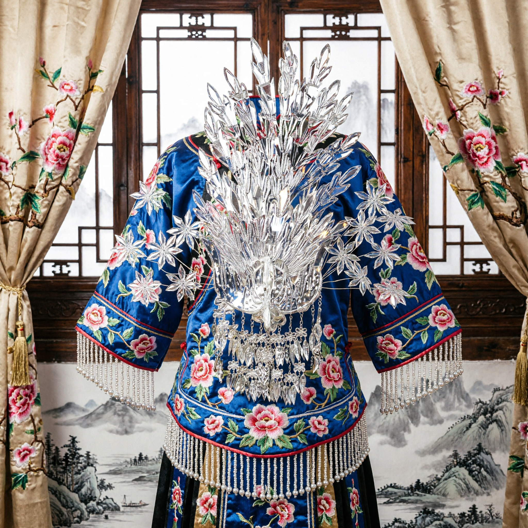 Coroa de Prata Tradicional Chinesa Miao Coroa de Fênix Étnica Acessório de Cabelo para Noivas e Performance de Dança - Asian Costume