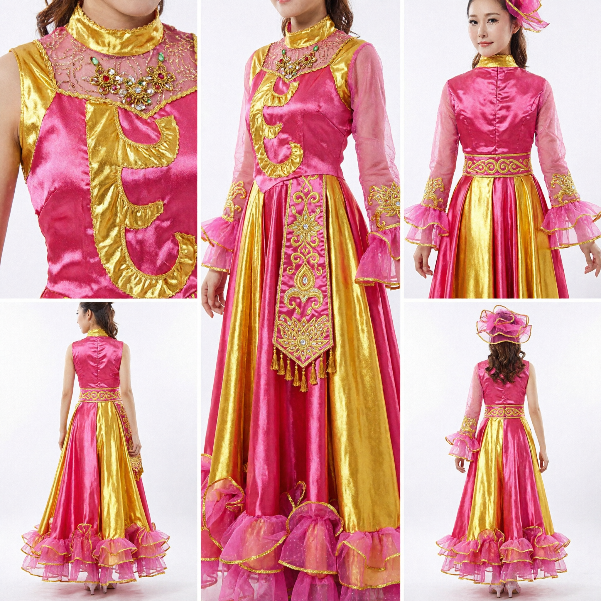 Traditionelles chinesisches Volkstanzkostüm für Damen in Rosa und Gold Yangge-Kleid Bühnenauftritts-Outfit - Asian Costume