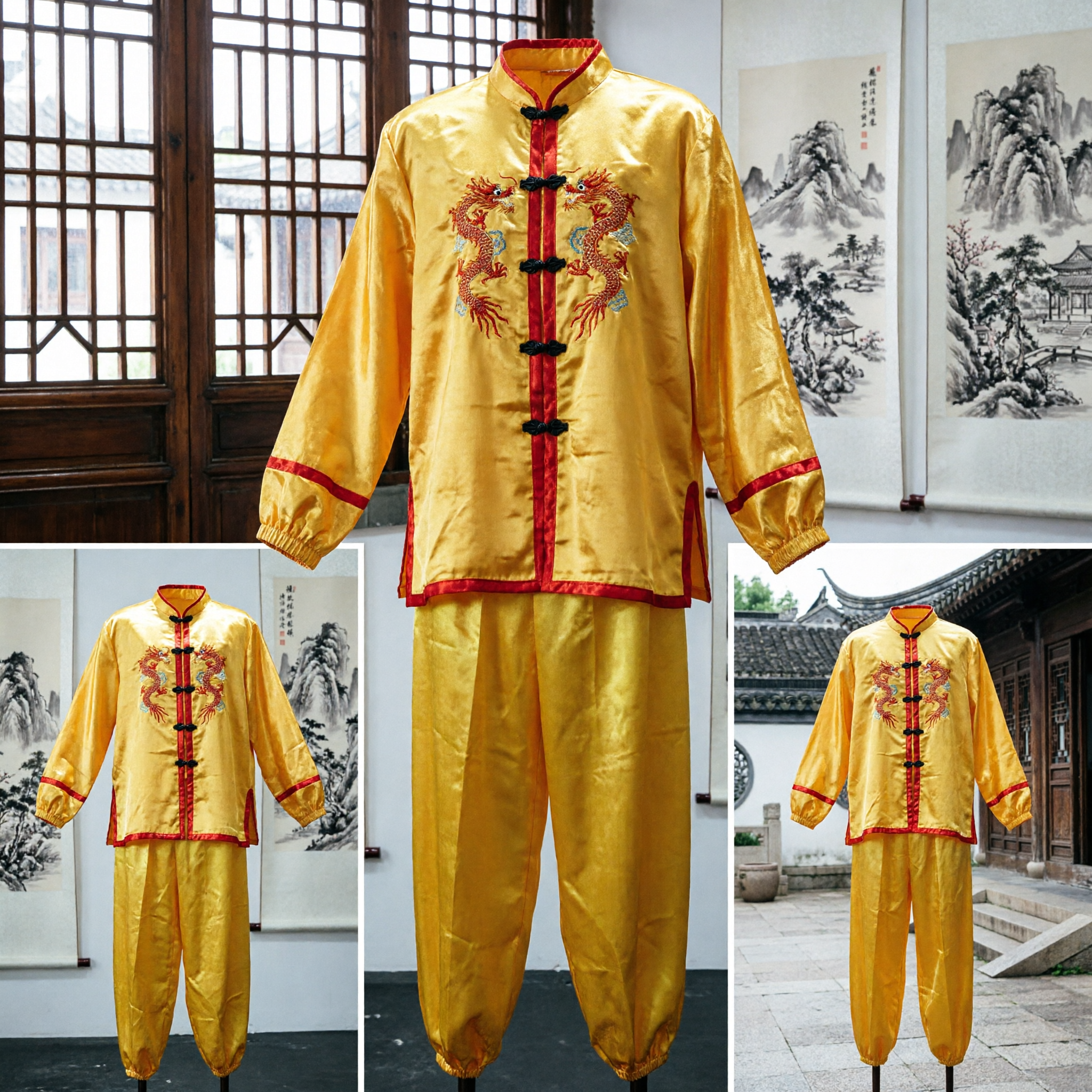 Divisa Kung Fu in Seta Gialla con Ricamo del Drago Cinese Tradizionale Costume per Tai Chi - Asian Costume