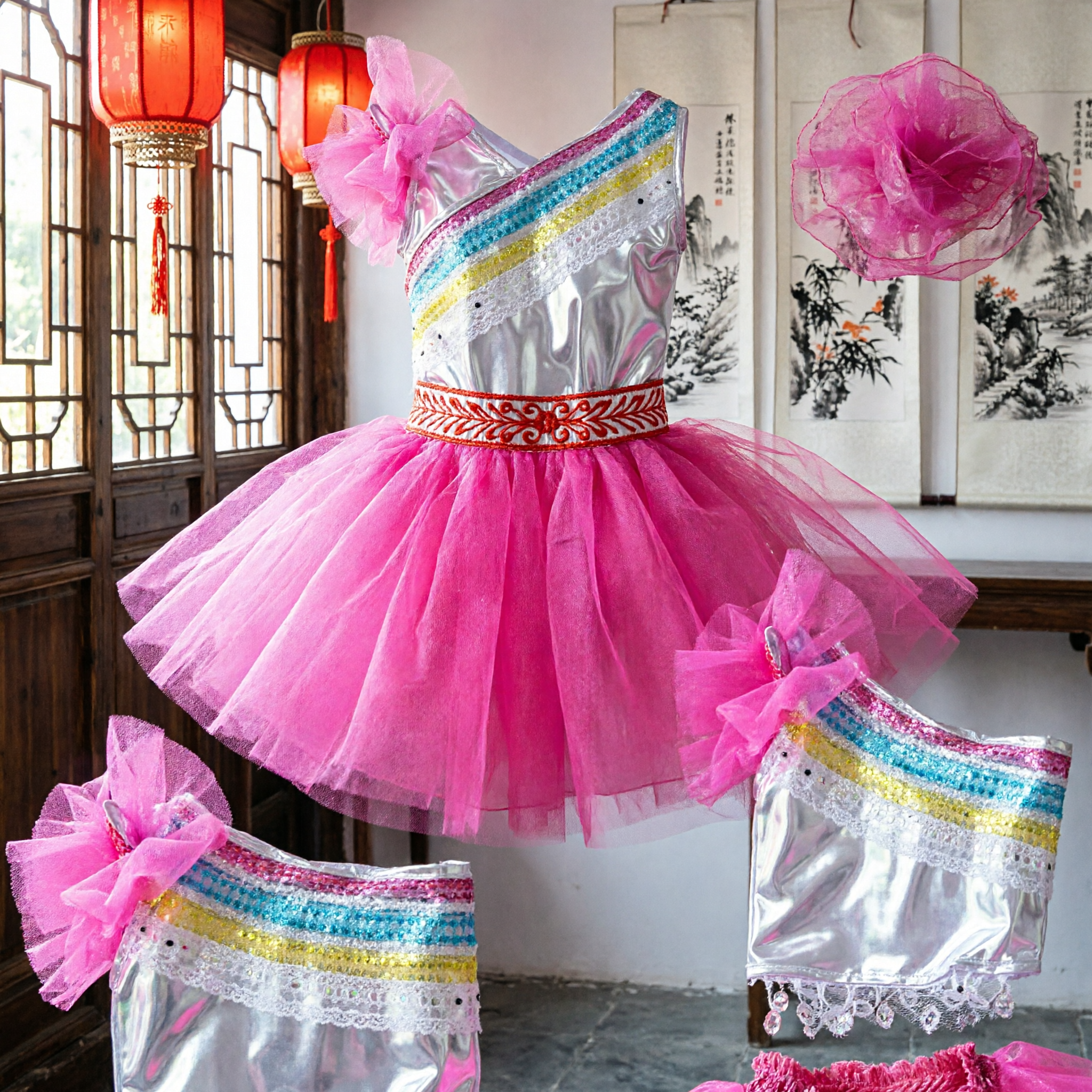 Kinder Mädchen rosa Volkstanzkostüm-Set silbernes Pailletten-Oberteil Tüll-Tutu-Rock Bühnenauftritts-Outfit - Asian Costume