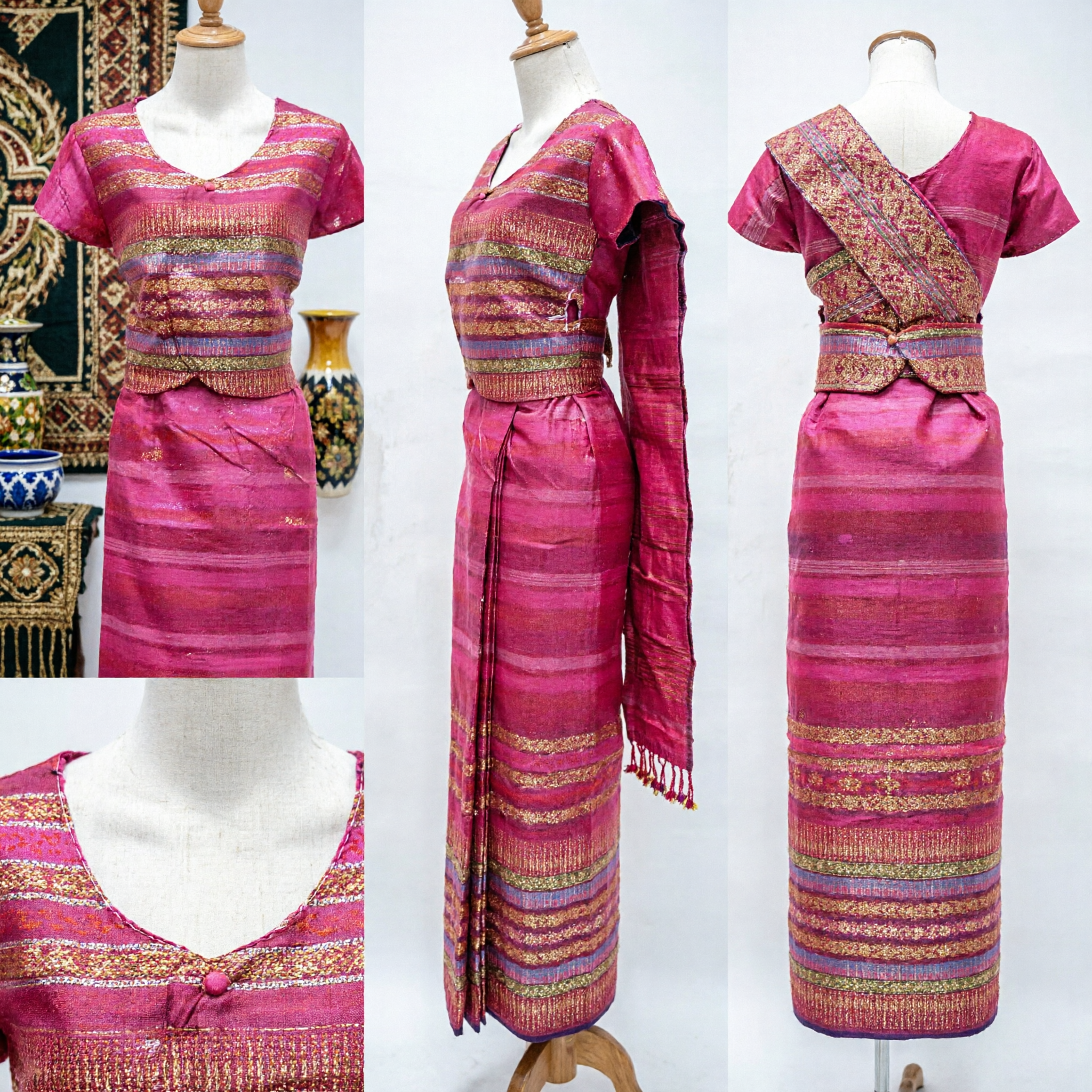 Abito Tradizionale Thailandese Chut Thai Rosa Vibrante in Seta con Broccato Oro per Donne e Danza - Asian Costume