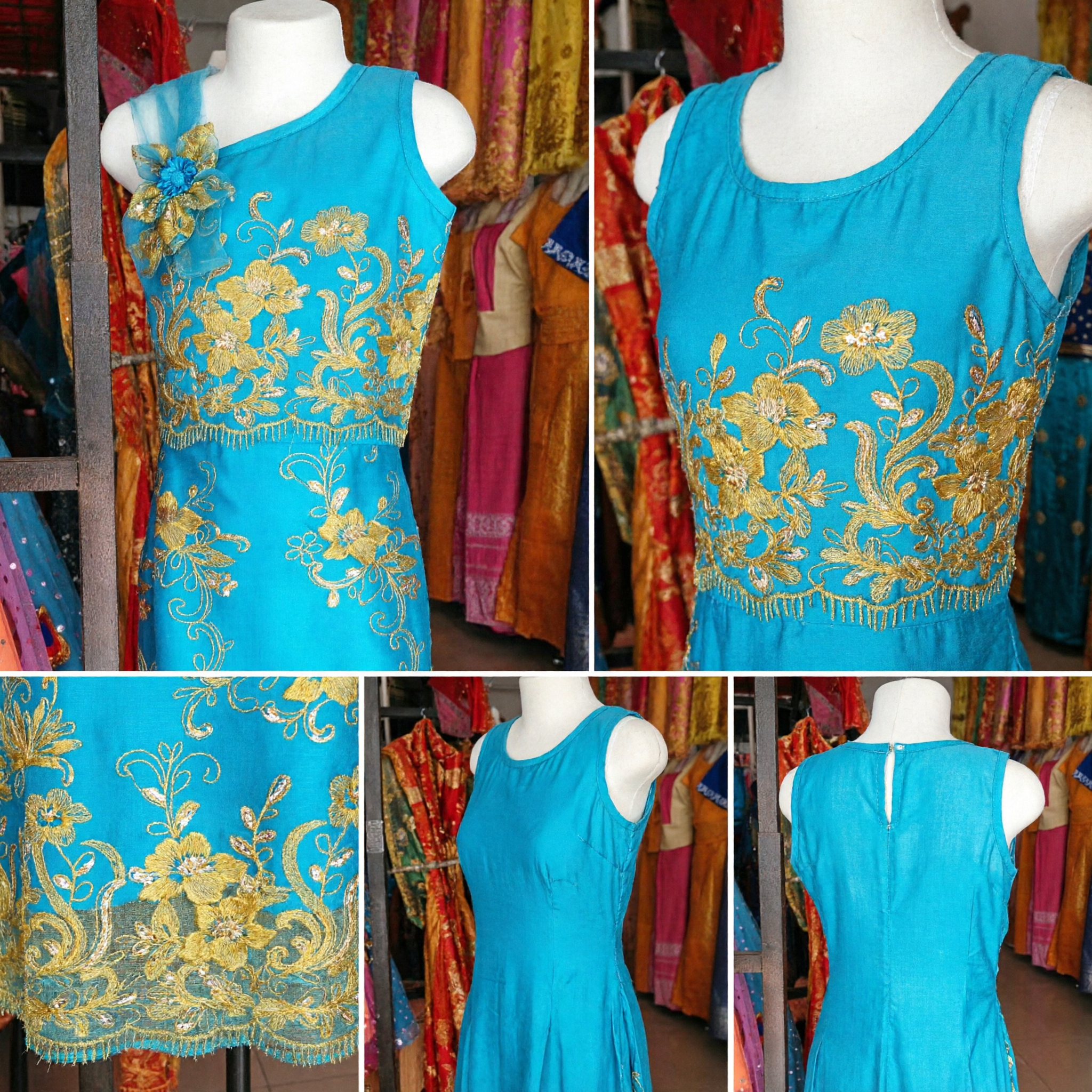 Elegantes blaues Ein-Schulter-Cheongsam-Kleid mit goldener Blumenstickerei traditionelles chinesisches Qipao für Damen - Asian Costume