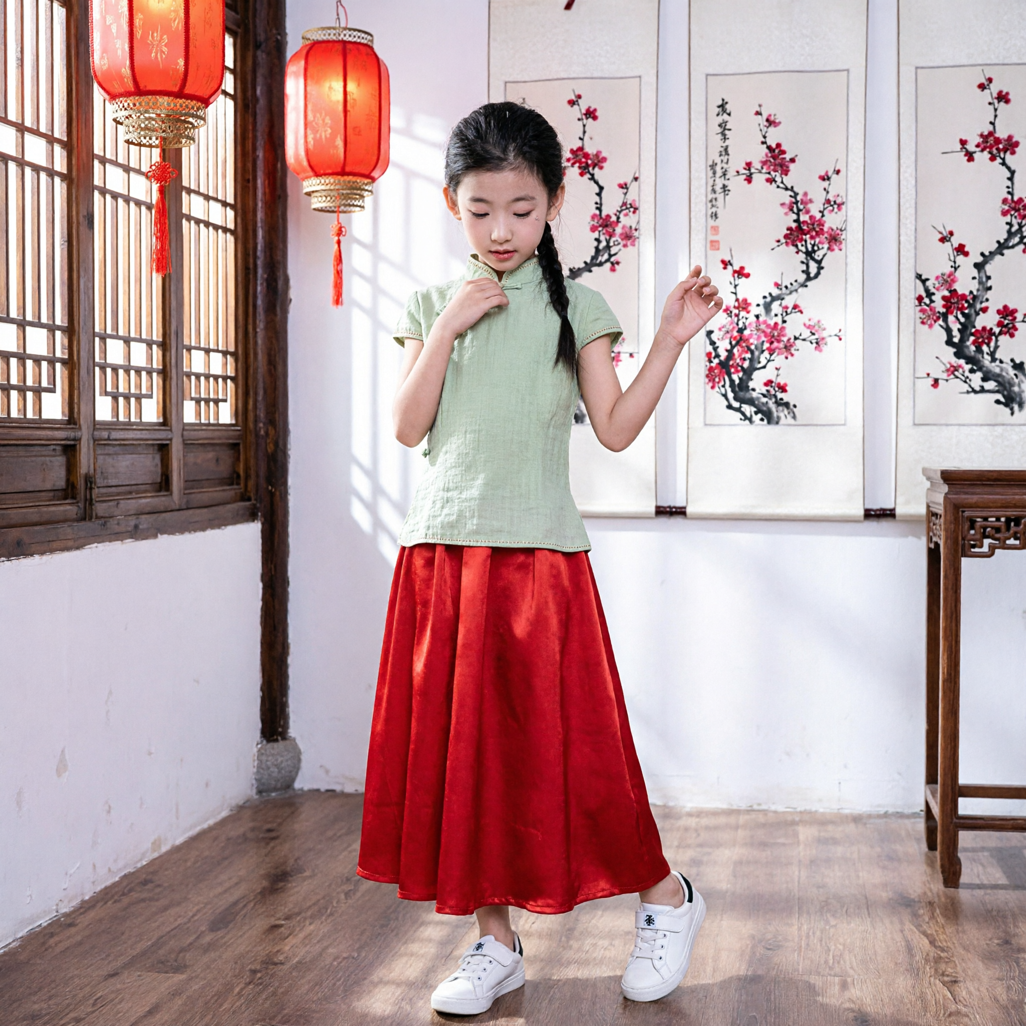 Traditionele Chinese Hanfu voor Meisjes Zomer Katoen Linnen Tang Suit Rode Rok Groene Top Kinderen Outfit - Asian Costume