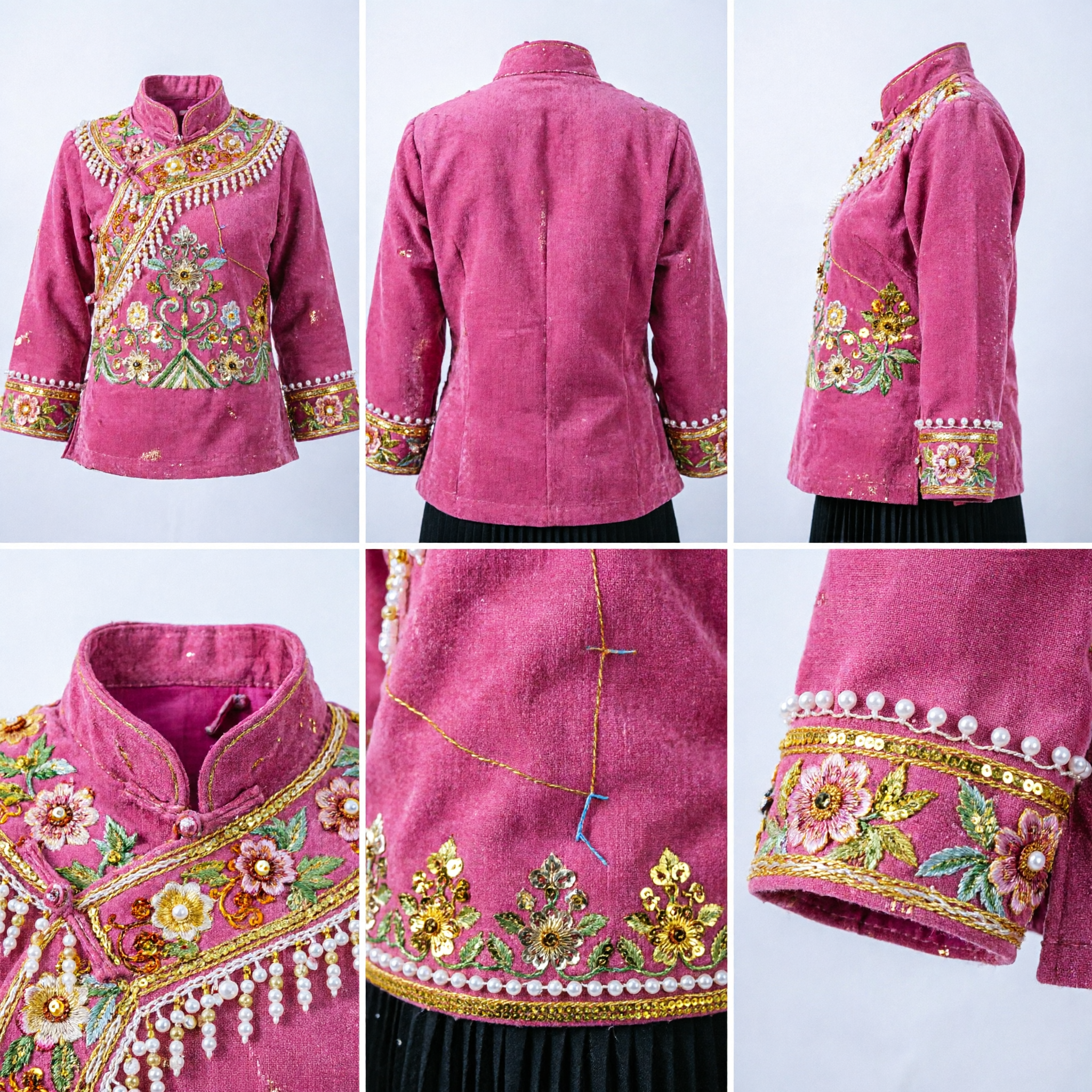 Épingle à cheveux florale rose chinoise traditionnelle avec paillettes dorées et perles pour costume Hanfu et danse ancienne - Asian Costume