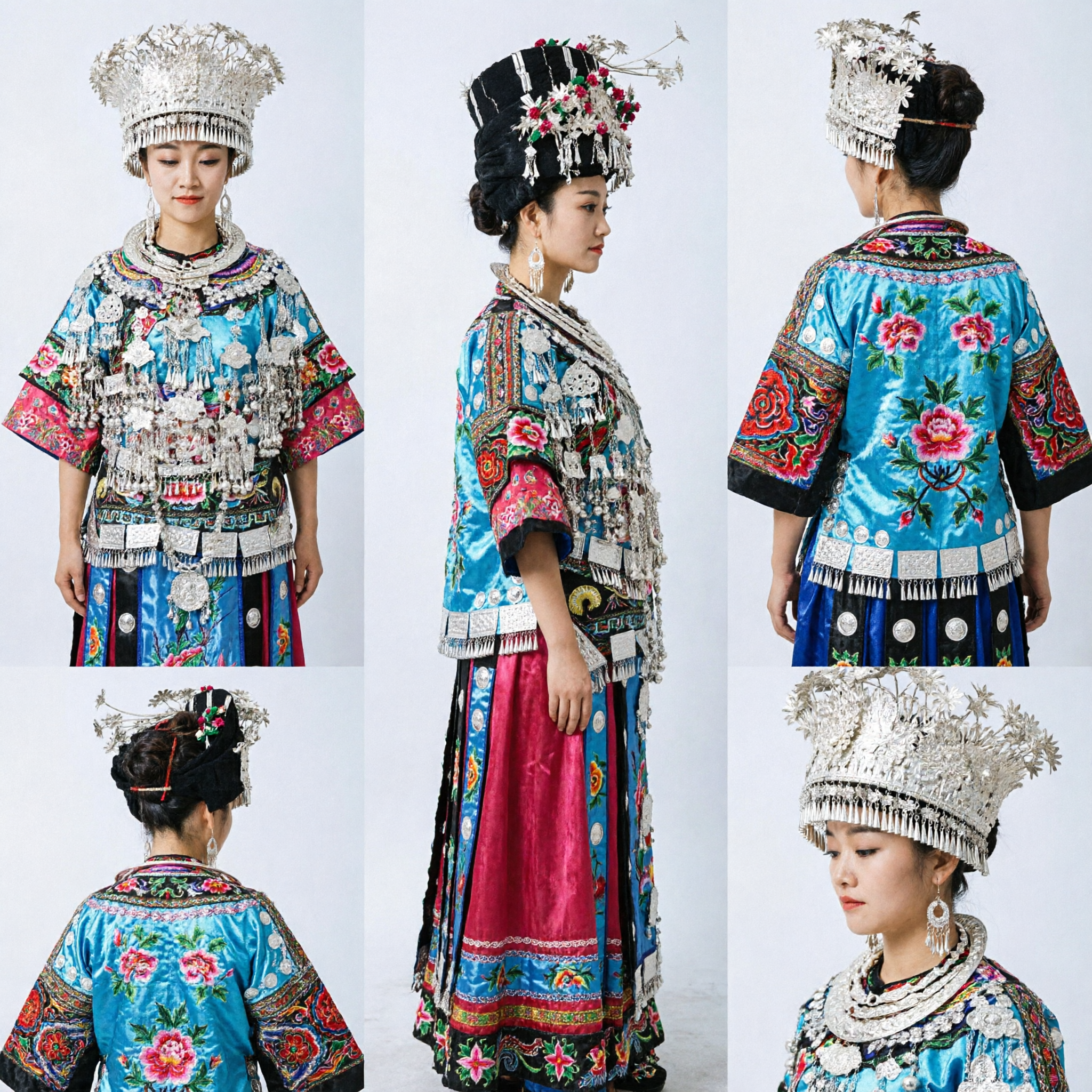 Tradycyjny chiński strój mniejszości Miao, kobieca suknia etniczna z haftem, komplet ze srebrną biżuterią na śluby i występy - Asian Costume