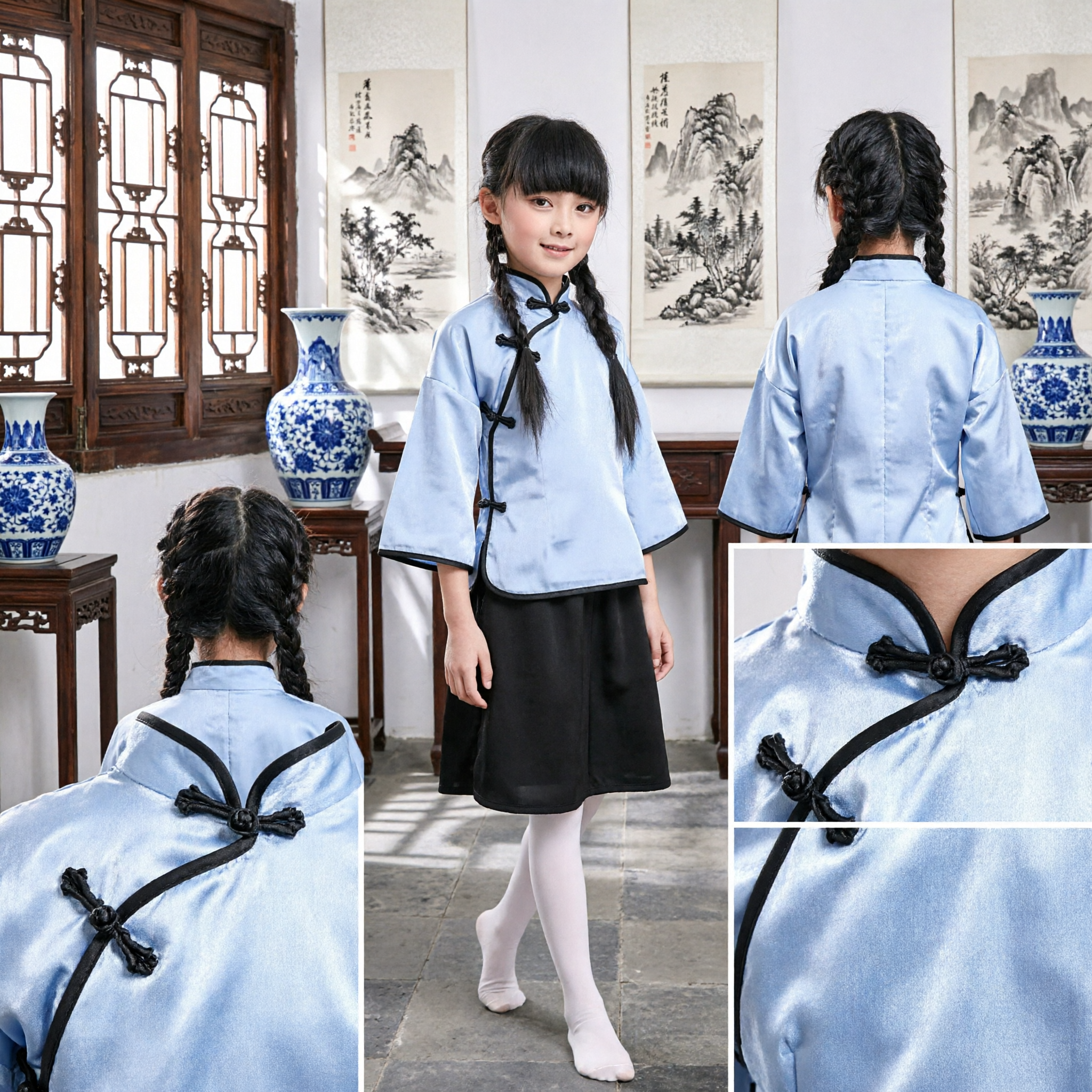 Divisa da Studentessa dell'Epoca Repubblicana Cinese Tradizionale per Bambine Camicetta Blu e Gonna Nera per Spettacoli - Asian Costume