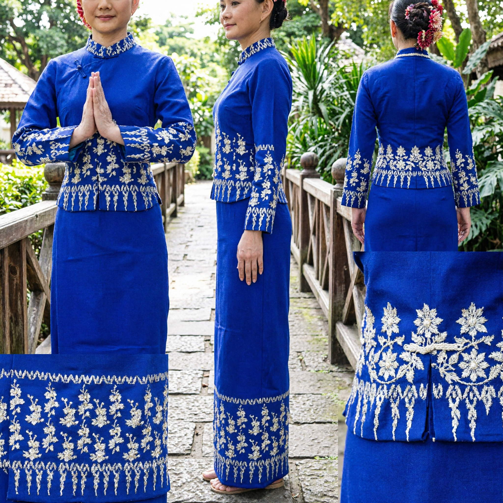 Elegant Royal Blue Traditional Southeast Asian Embroidered Long Dress Costume for Women Cultural Performance - Asian Costume