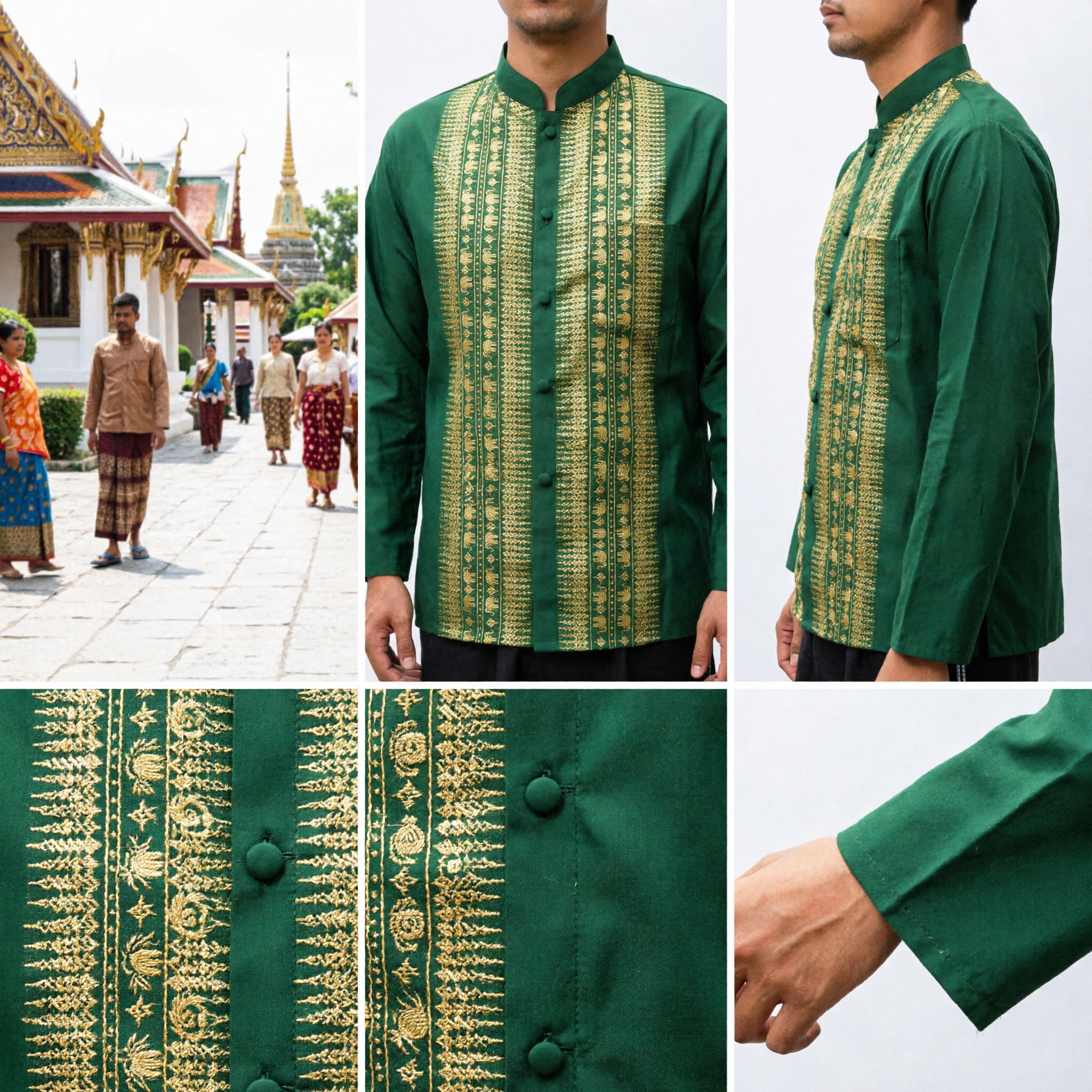 Herren smaragdgrünes thailändisches Seidenhemd goldenes Elefanten-Motiv traditionelle formelle Hochzeit Suea Pat - Asian Costume