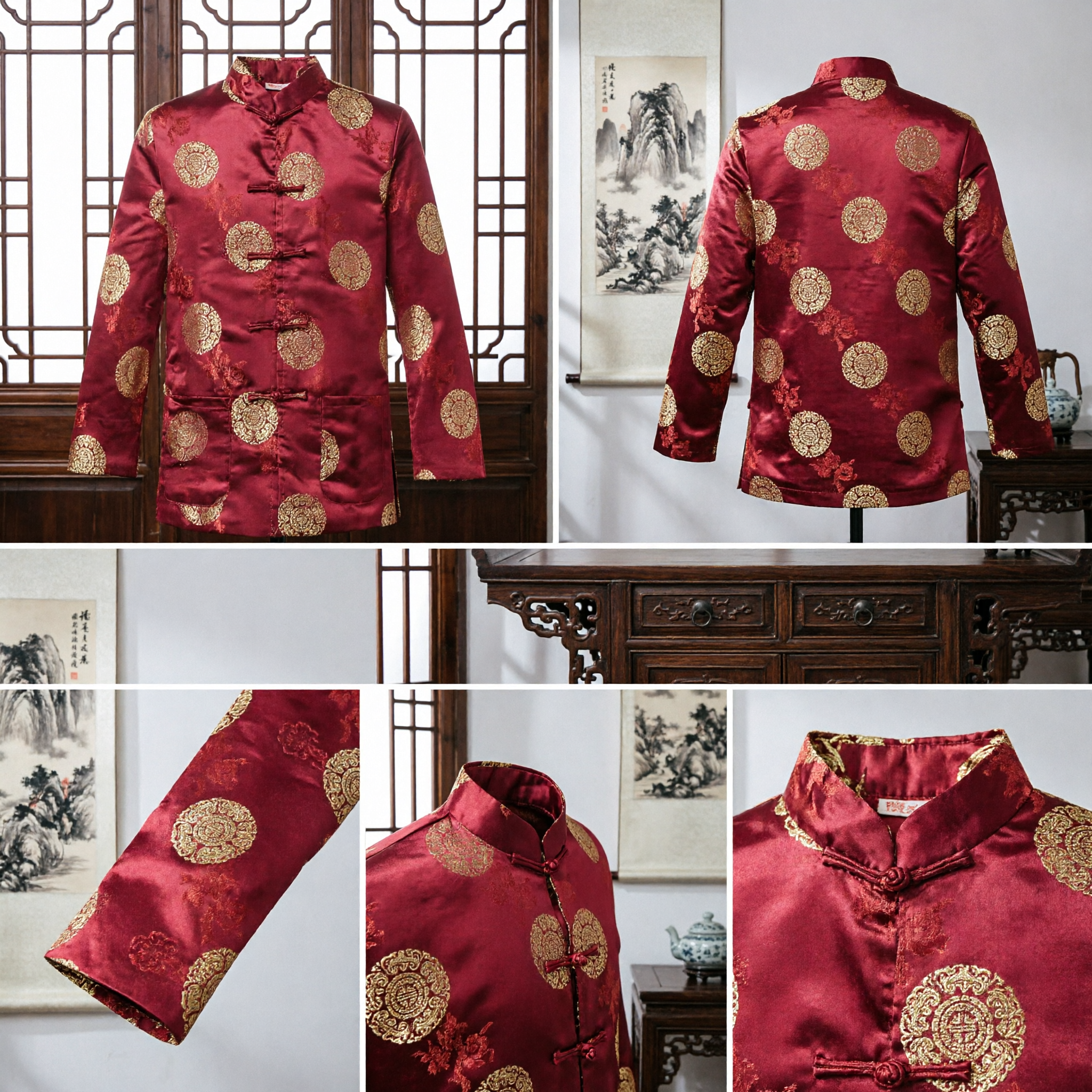 Camisa Tradicional China para Hombre Tang Suit de Brocado de Seda Roja con Cuello Mandarín, Camisa Kung Fu para Bodas y Festivales - Asian Costume