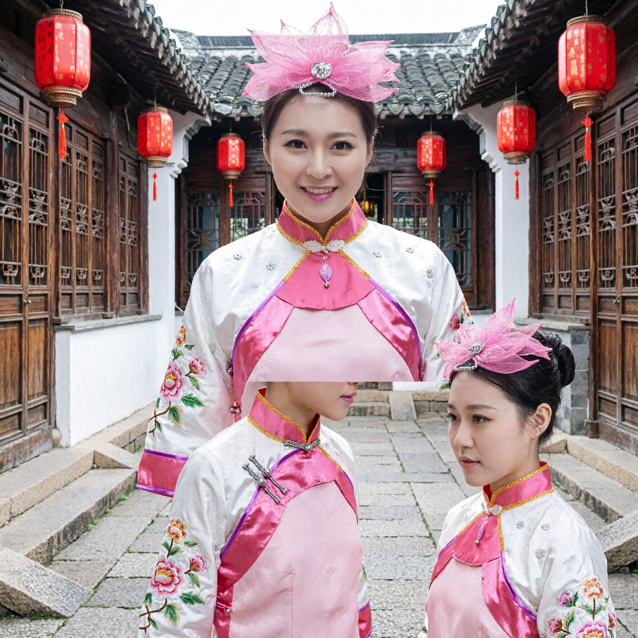 Accessoire capillaire à fleurs en maille rose avec strass cristal et perles pour spectacle de danse traditionnelle chinoise - Asian Costume