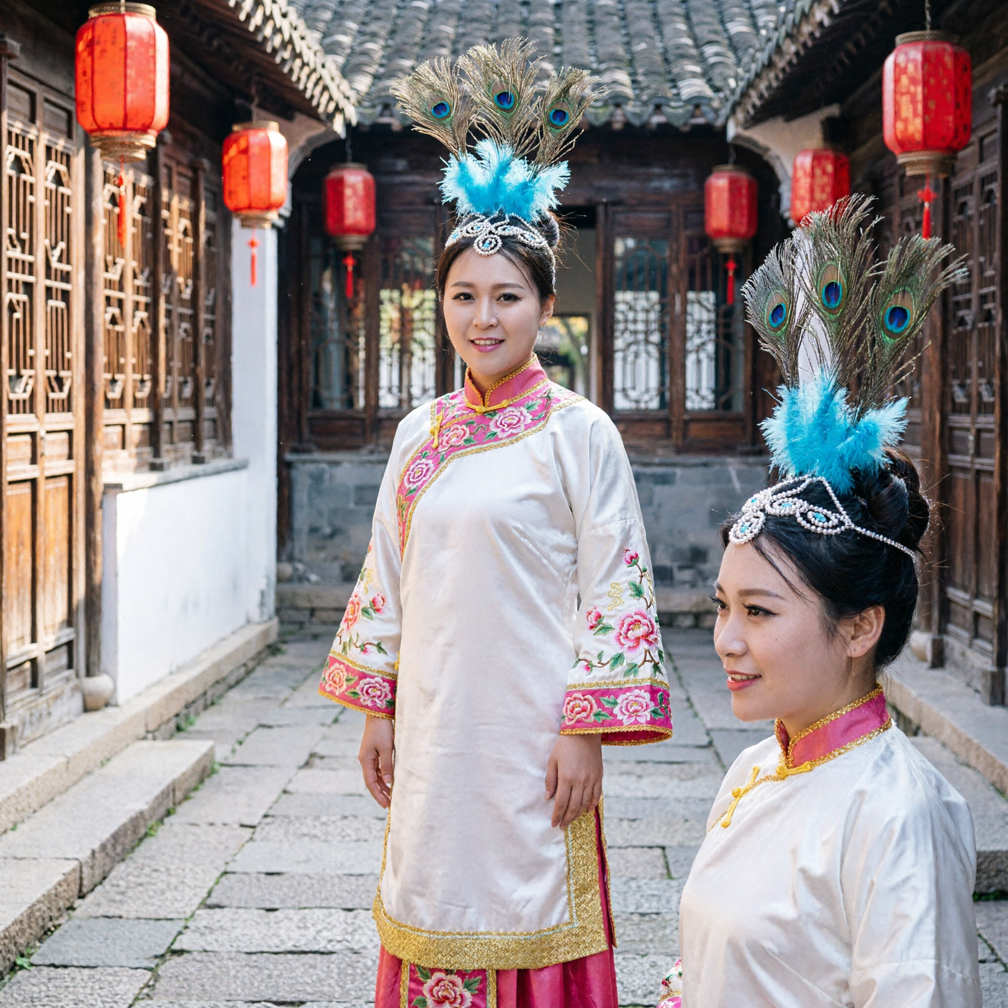 Traditional Chinese Peacock Feather Headpiece Ethnic Folk Dance Stage Performance Costume Hair Accessory for Women - Asian Costume