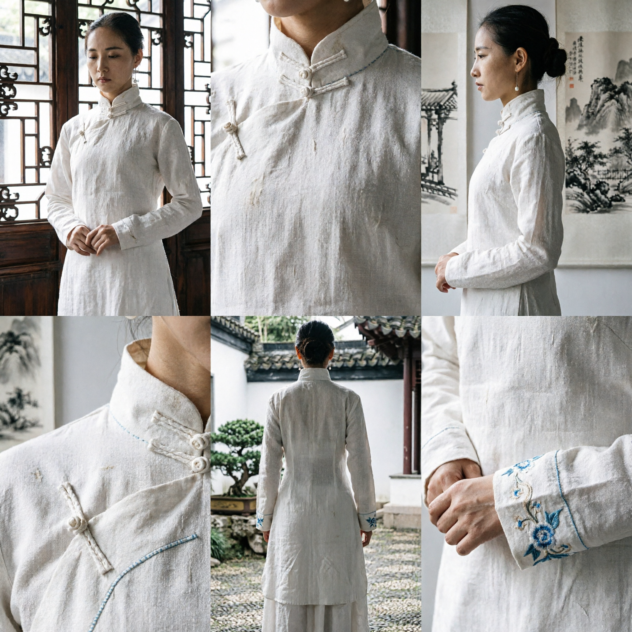 Conjunto de Duas Peças Tradicional Chinês Tang Suit em Linho Branco para Mulheres, Traje para Cerimônia do Chá Zen - Asian Costume