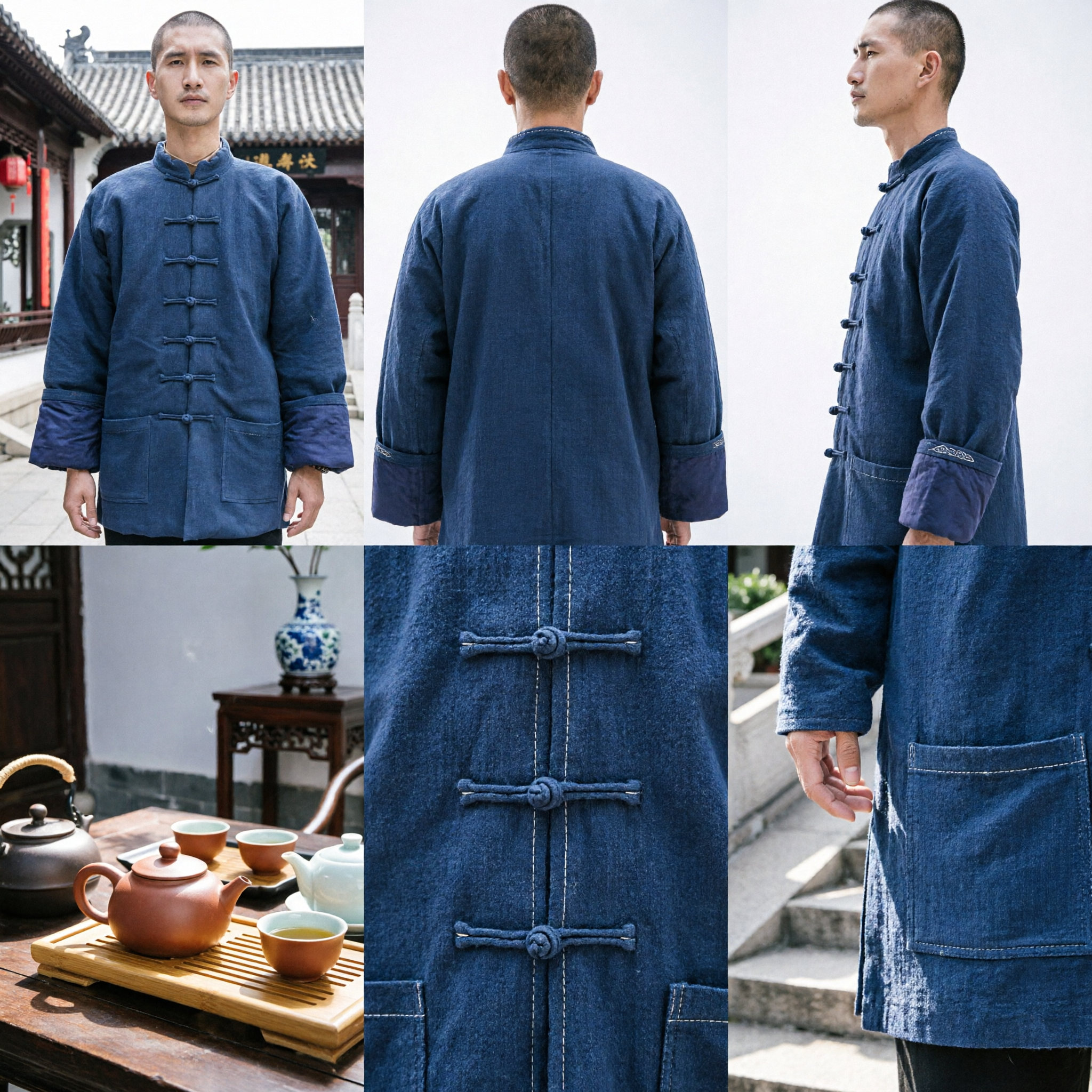 Мужская традиционная китайская зимняя куртка тан-фу на вате, синий цвет, униформа для кунг-фу и тайцзи - Asian Costume