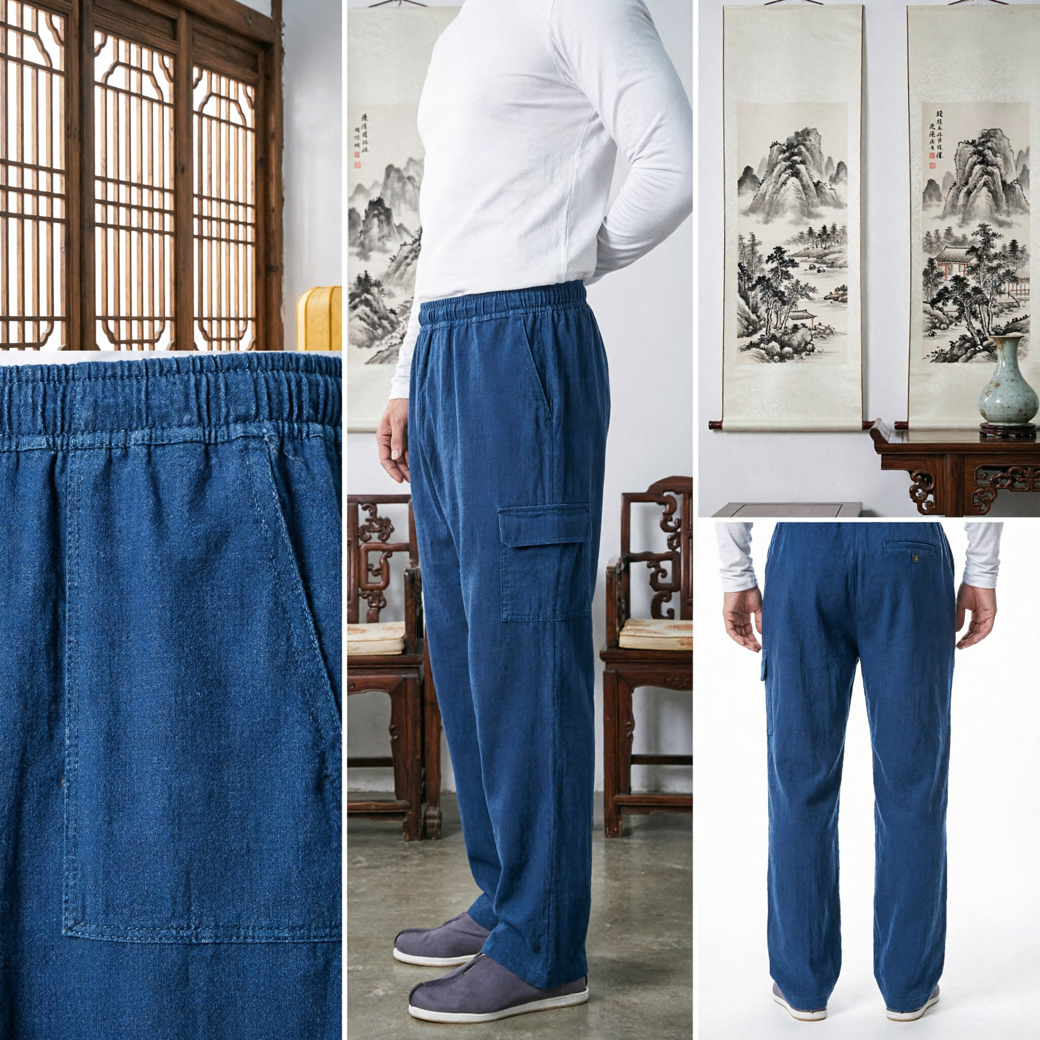 Pantalones Kung Fu de Lino Azul Tradicionales Chinos para Hombres Holgados Pantalones de Artes Marciales Tai Chi - Asian Costume