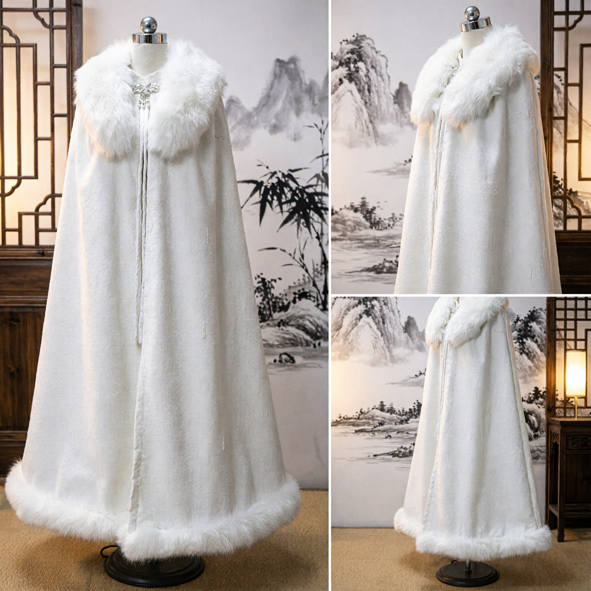 Cape élégante blanche avec bordure en fourrure, manteau d'hiver chaud, vêtement d'extérieur Hanfu, costume traditionnel chinois pour femmes - Asian Costume