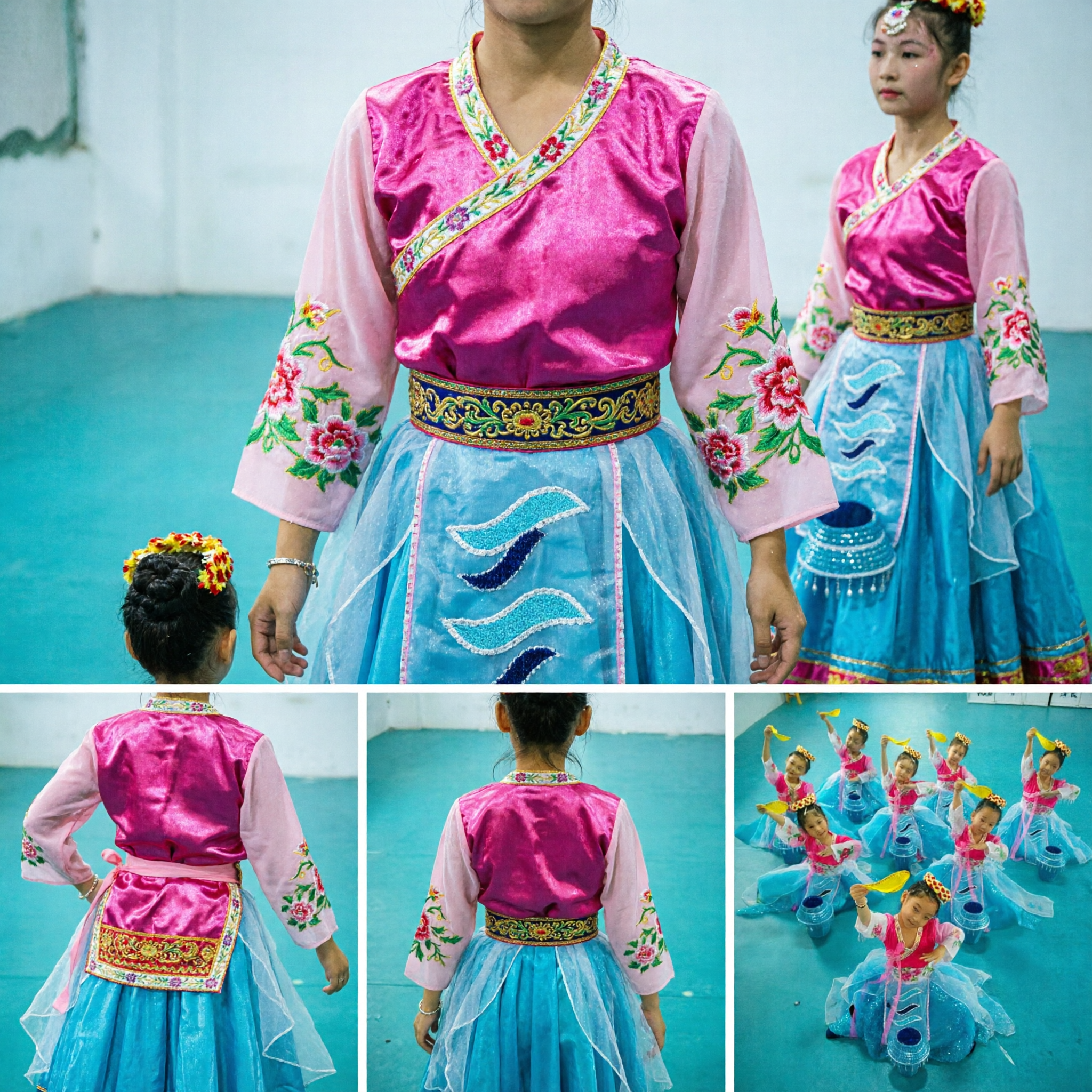 Tradycyjny Koreański Strój Hanbok dla Dzieci do Tańca Różowa Bluzka Niebieska Spódnica Sceniczny Kostium dla Dziewczynek - Asian Costume