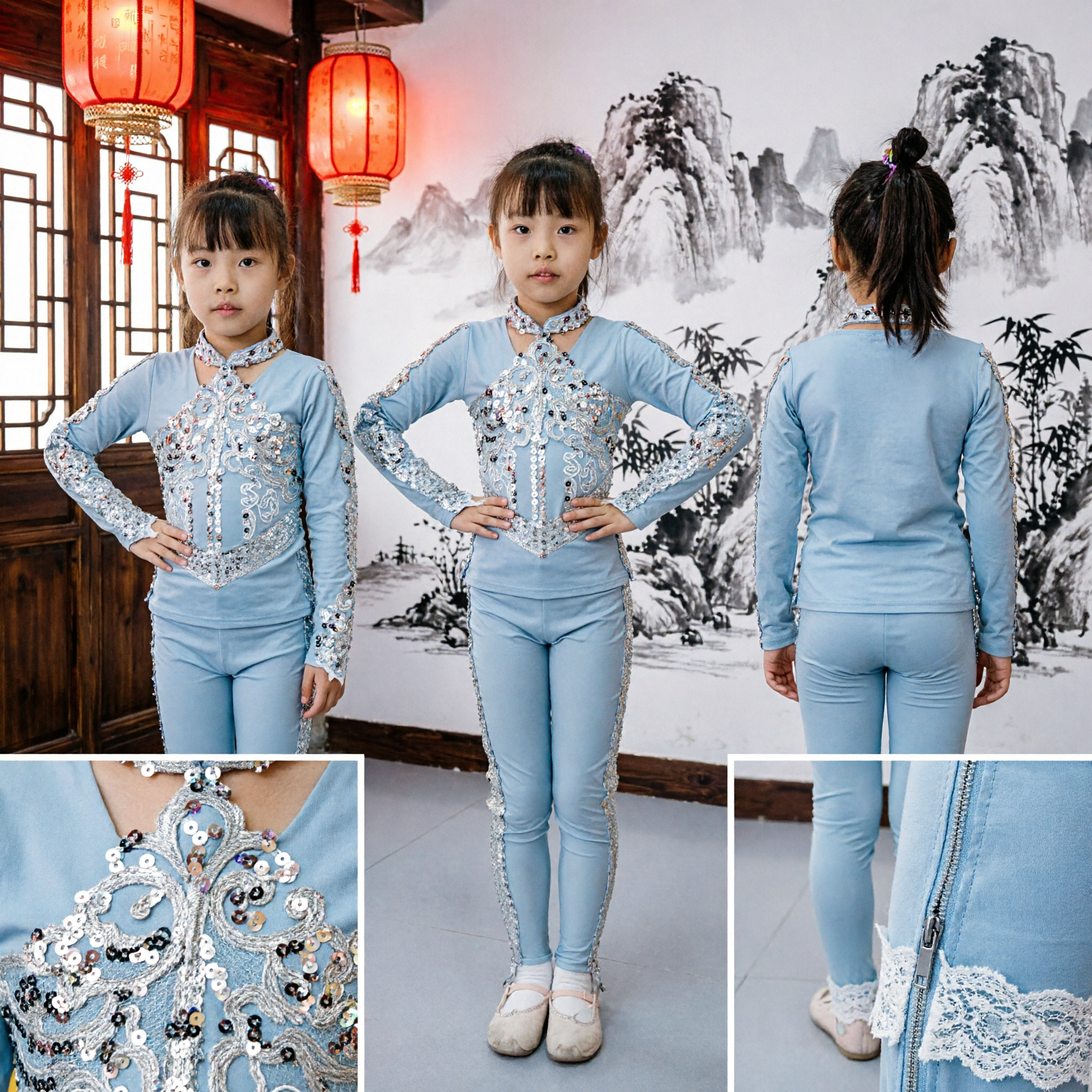 Traje de Dança Chinês para Meninas Azul Claro Top e Calças com Aplicações de Lantejoulas Conjunto para Performance - Asian Costume