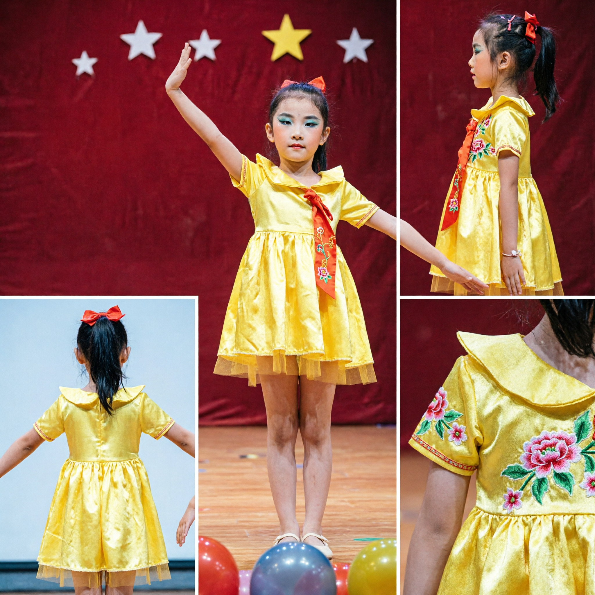 Vestito da esibizione sul palco per bambini giallo brillante Costume per gruppo di danza scolastico cinese con accessorio sciarpa rossa - Asian Costume