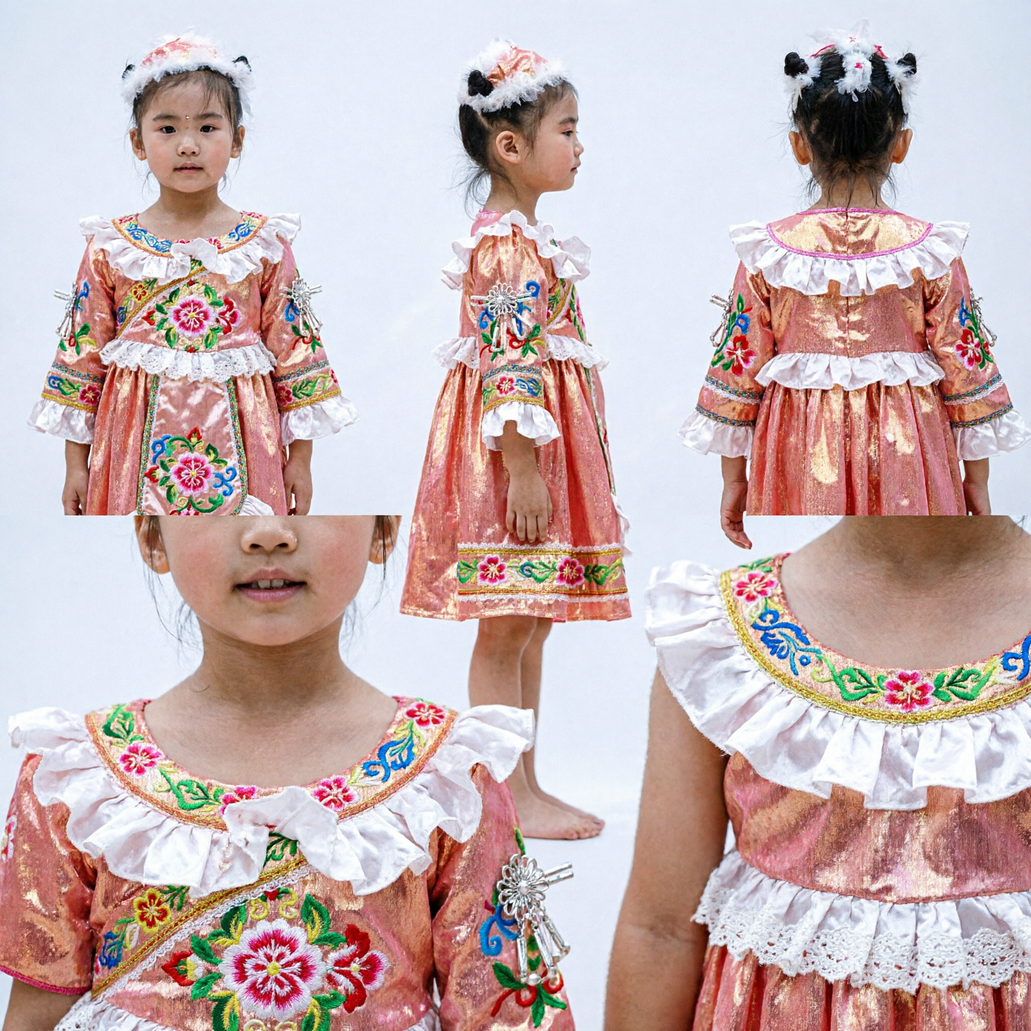 Блестящий оранжевый детский сценический танцевальный костюм с белыми рюшами, традиционный наряд для выступлений - Asian Costume