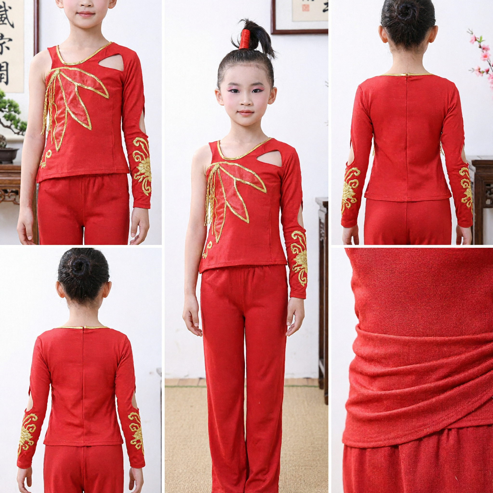 Costume de danse folklorique chinoise traditionnel rouge pour filles, robe de scène pour enfants avec accents dorés - Asian Costume