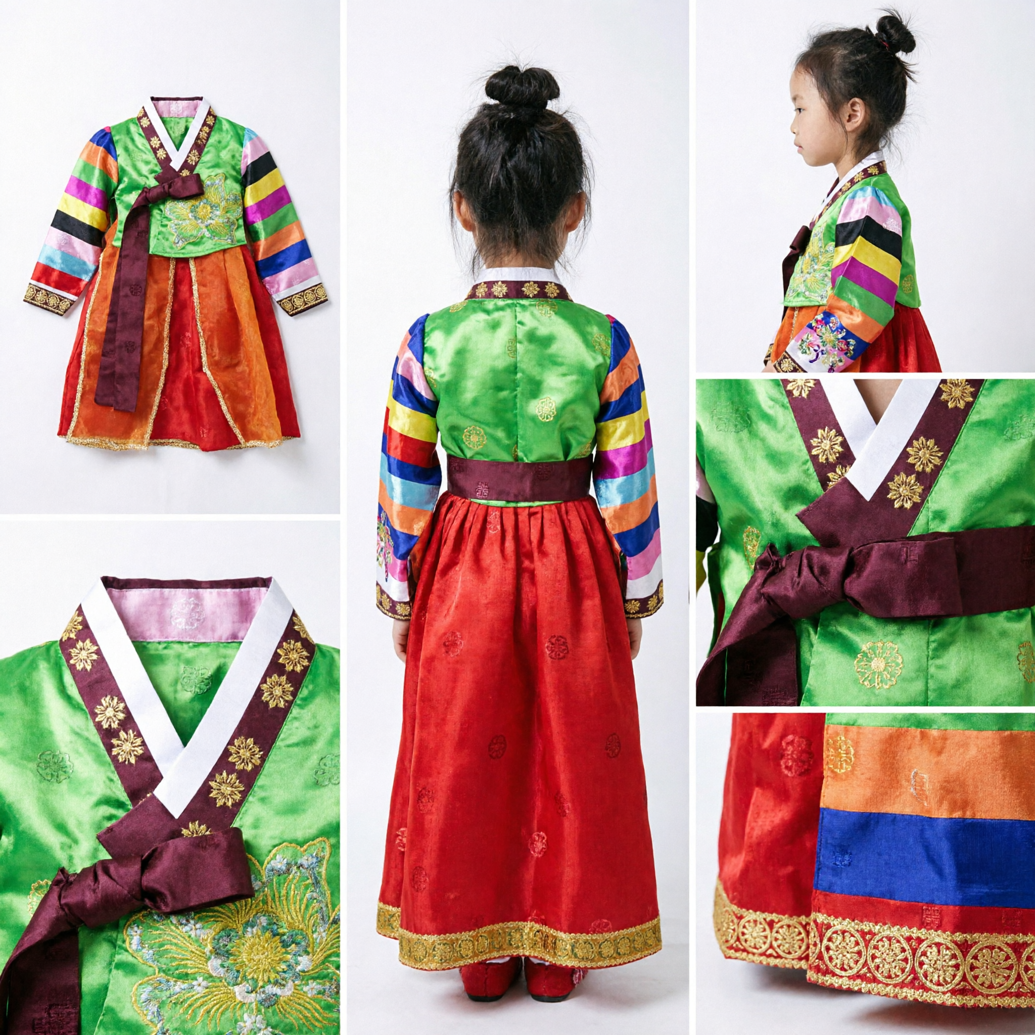 Tradycyjny Koreański Hanbok dla Dziewczynek Kolorowa Jeogori w Paski i Pomarańczowa Spódnica Chima Dziecięcy Kostium na Występ - Asian Costume