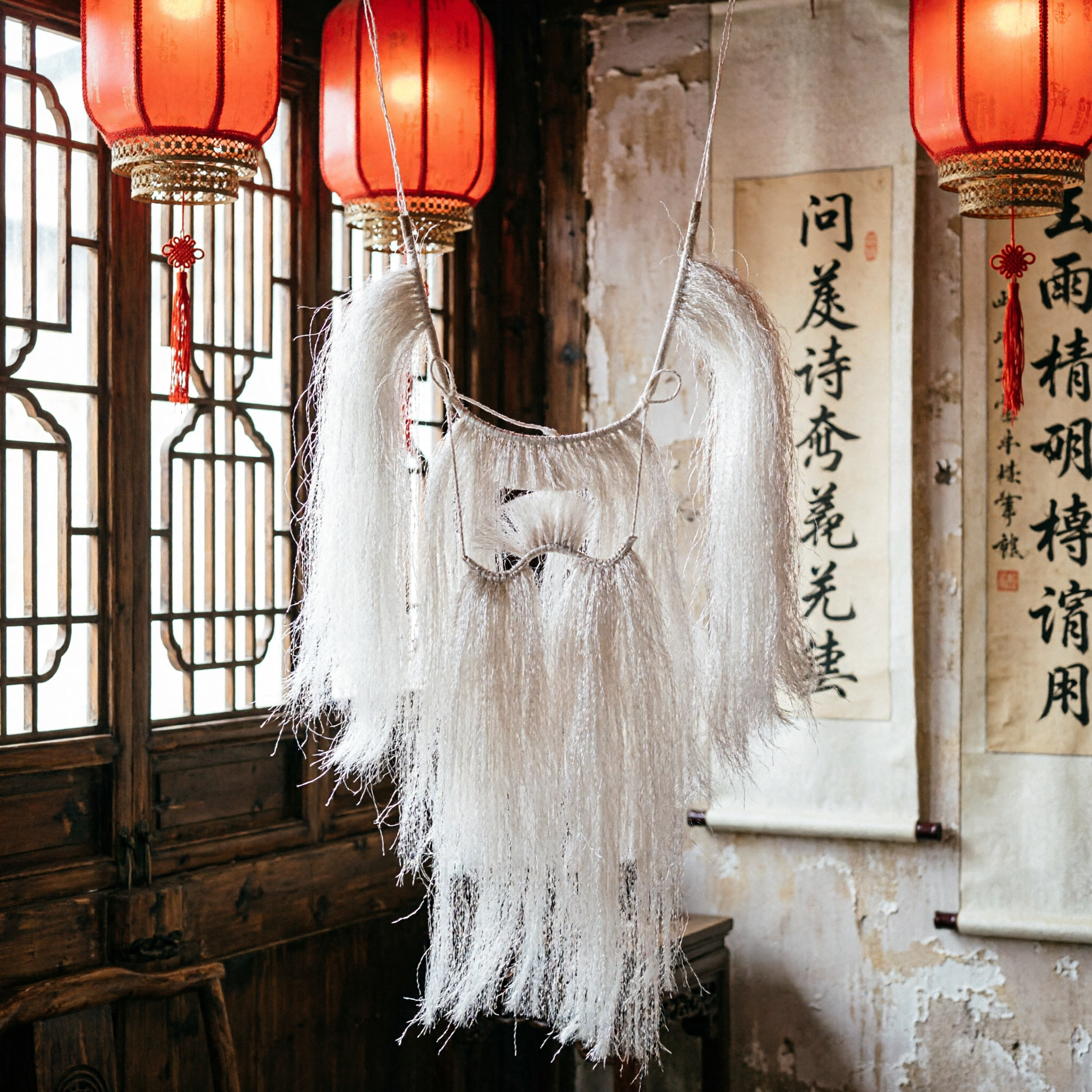 Conjunto de Barba e Bigode Brancos para Ópera Chinesa Tradicional Acessório para Traje de Ópera de Pequim e Cosplay de Personagens Idosos - Asian Costume