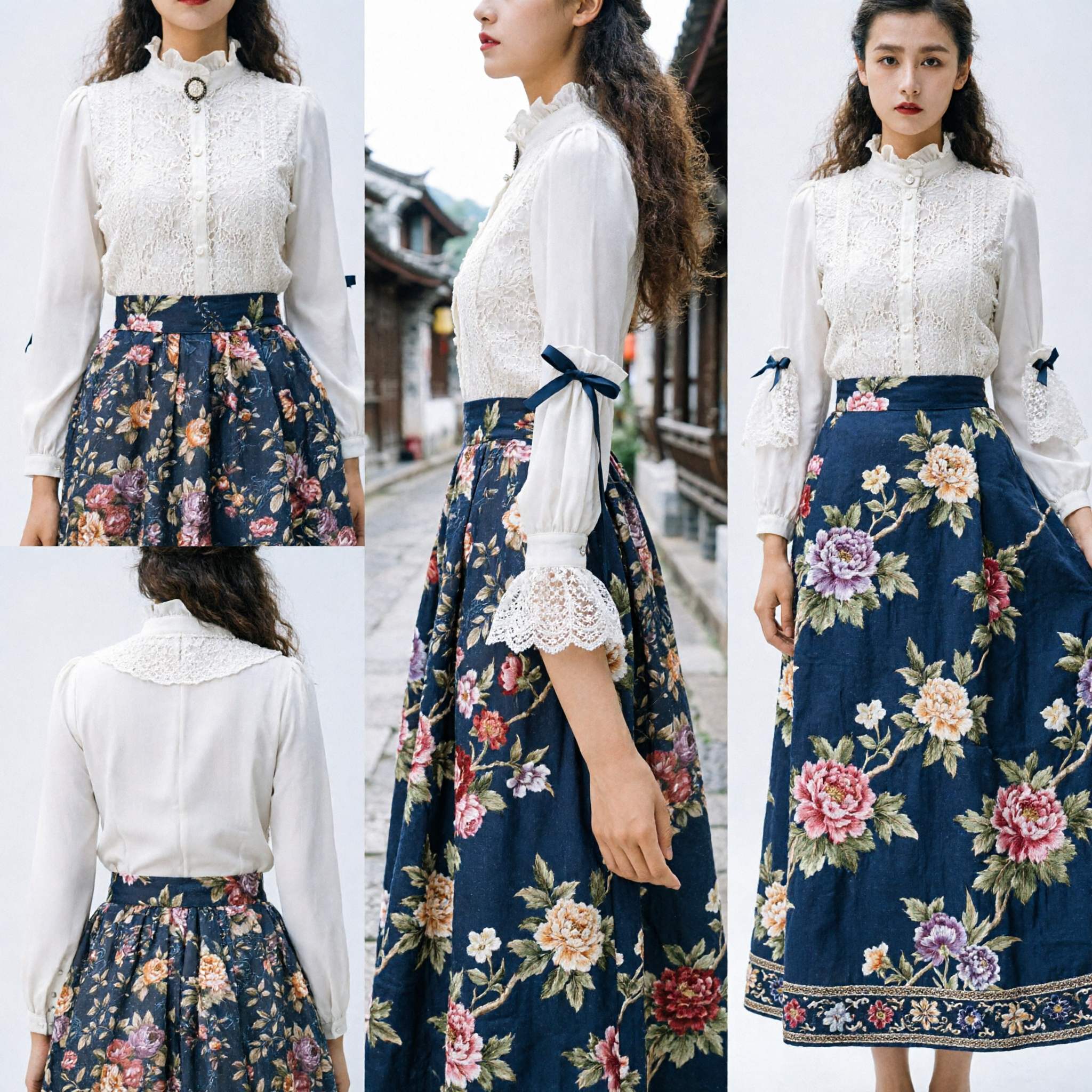 Conjunto Elegante de Blusa com Gola de Renda e Saia com Estampa Floral Traje Tradicional Chinês Vintage - Asian Costume
