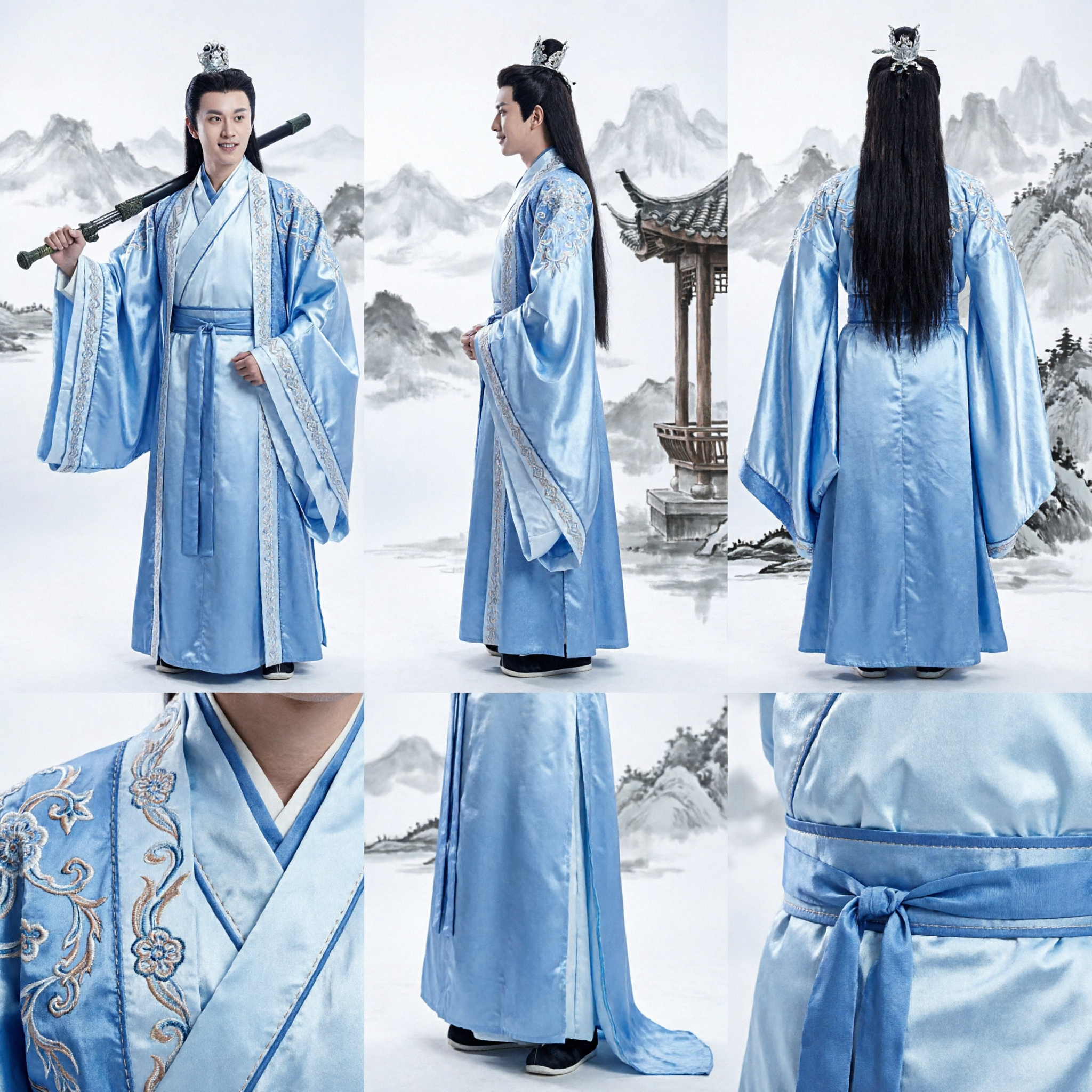 Costume de Swordsman Hanfu Ancien Chinois pour Hommes, Tenue de Cosplay Wuxia Traditionnelle, Robe Bleue pour Adultes - Asian Costume