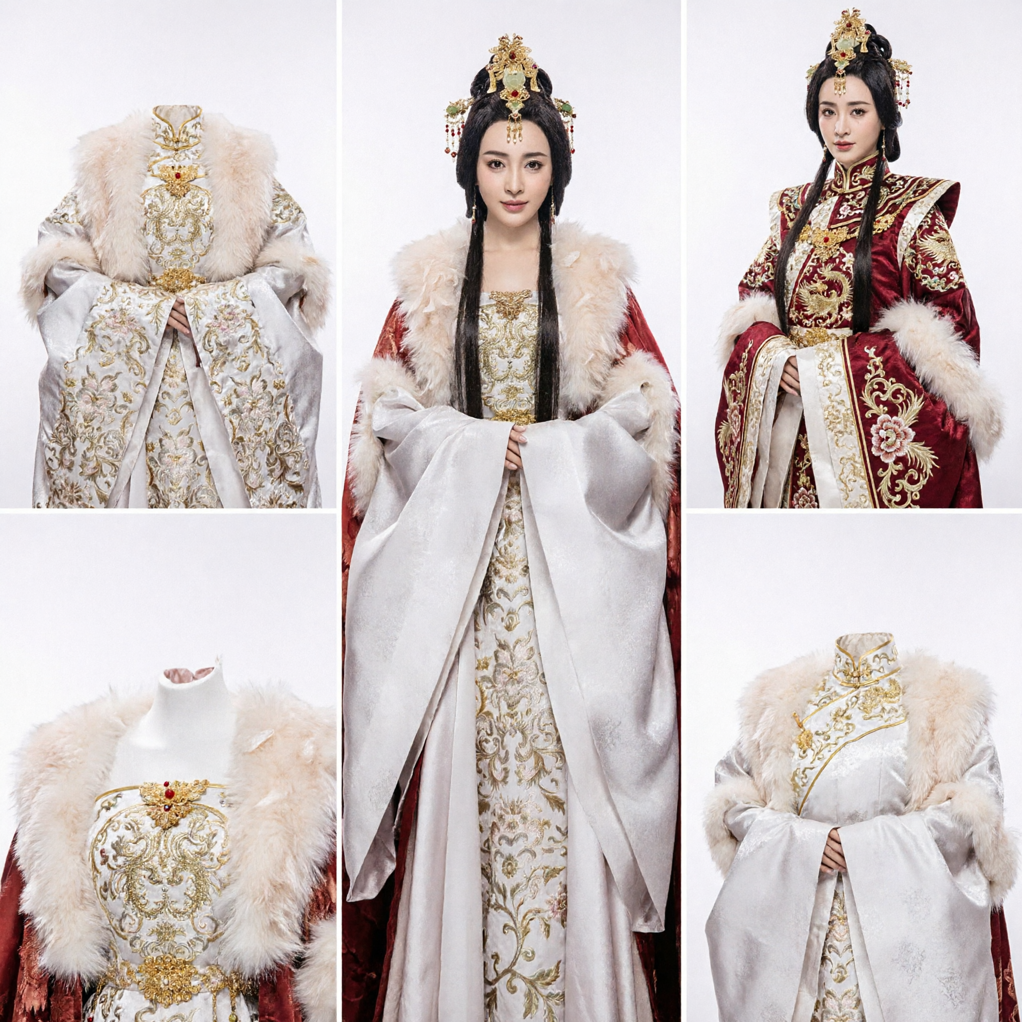 Conjunto de Emperatriz Antigua China de Capa de Piel Roja y Vestido de Hanfu Bordado en Oro, para Cosplay de Drama de Época Tradicional para Mujeres - Asian Costume
