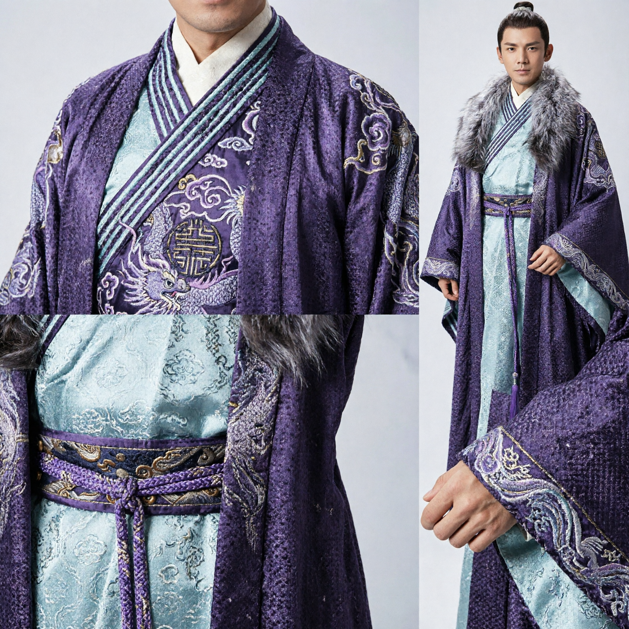 Costume Nobile Antico Cinese per Uomini, Veste Hanfu Viola con Colletto in Pelliccia, Cosplay per Dramma Storico - Asian Costume
