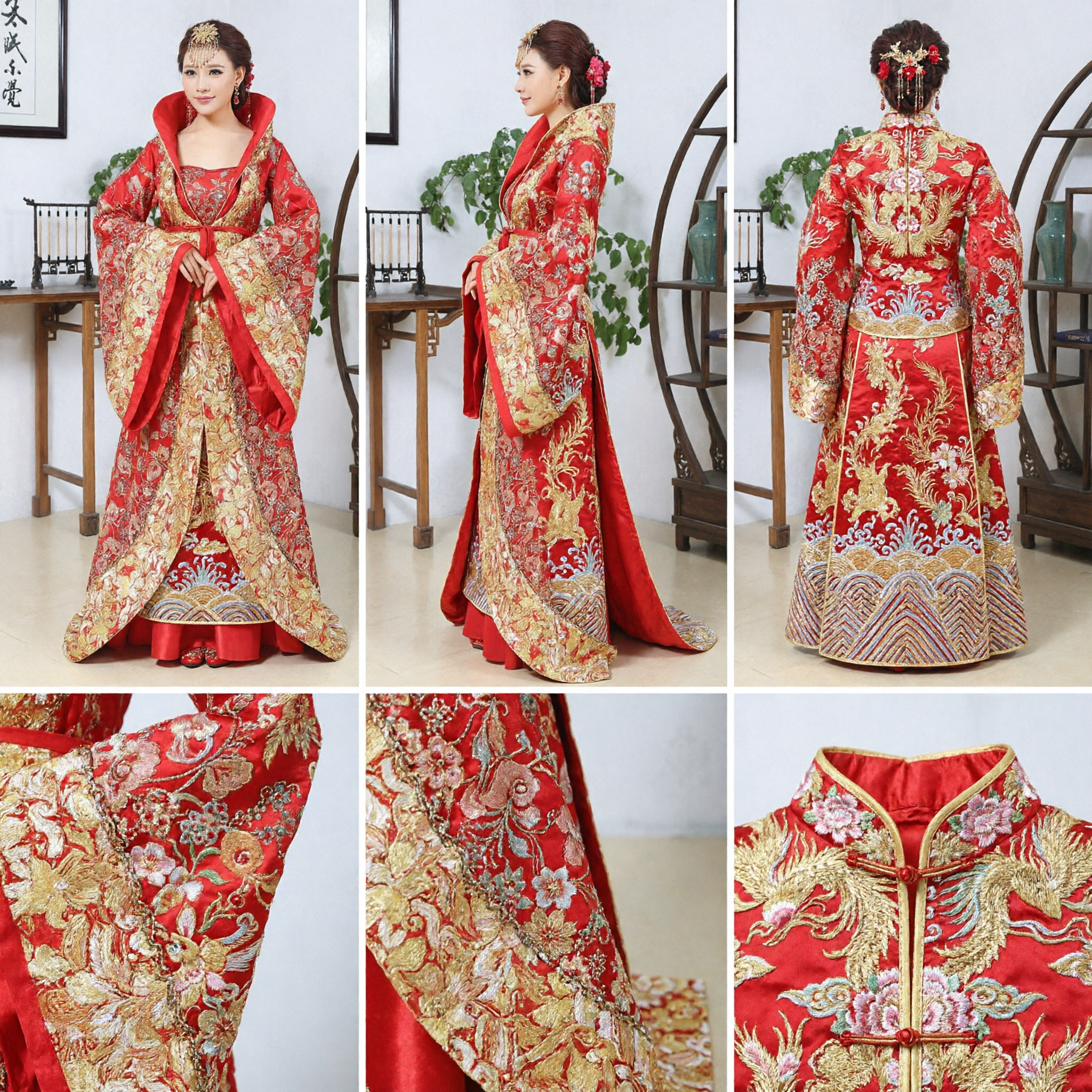 Vrouwen Traditioneel Chinees Hanfu Trouwjurk Rood Goud Geborduurd Antiek Paleis Kostuum voor Bruid - Asian Costume