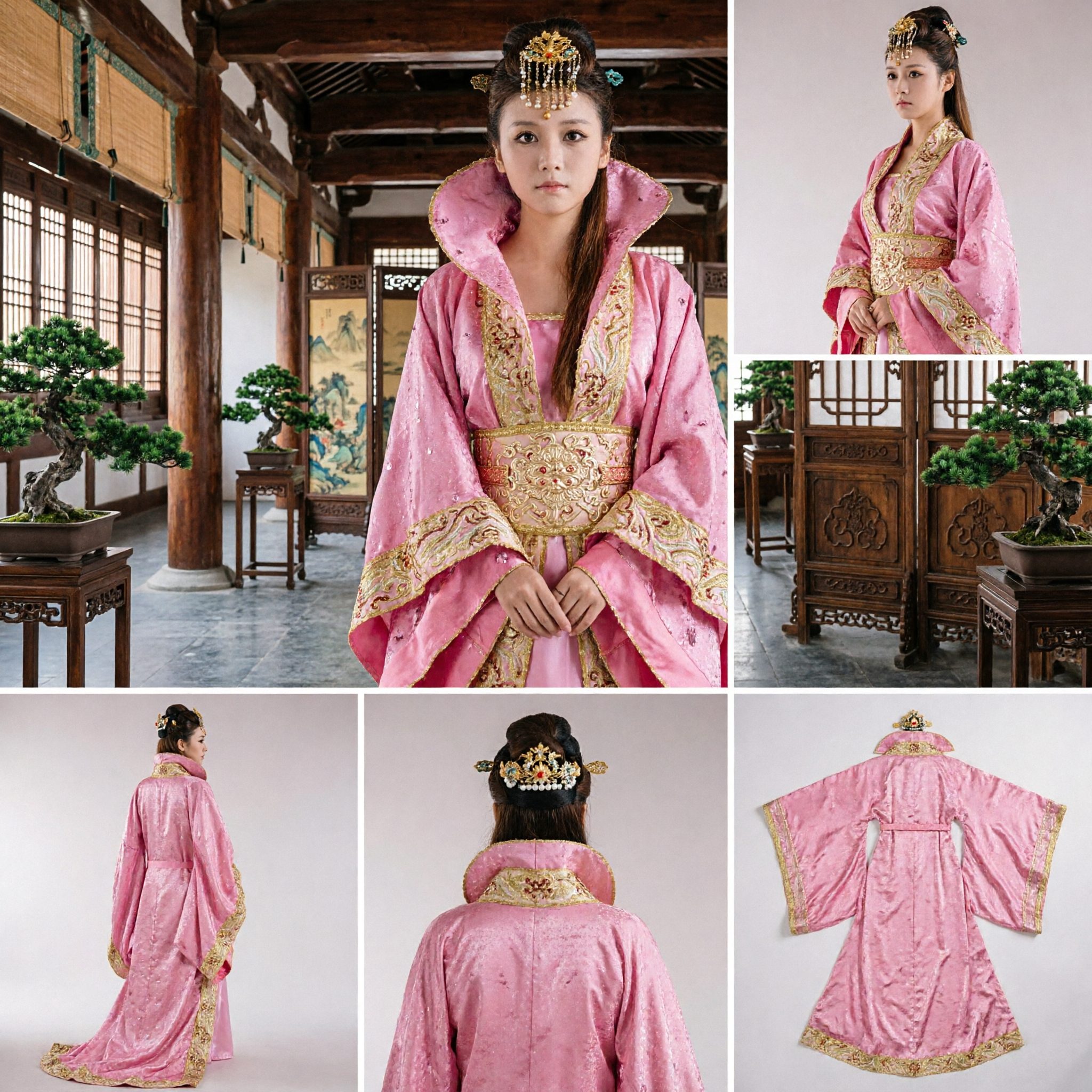 Tradycyjna Różowa Suknia Hanfu, Starożytny Kostum Damy Dworu ze Złotym Haftem dla Kobiet - Asian Costume