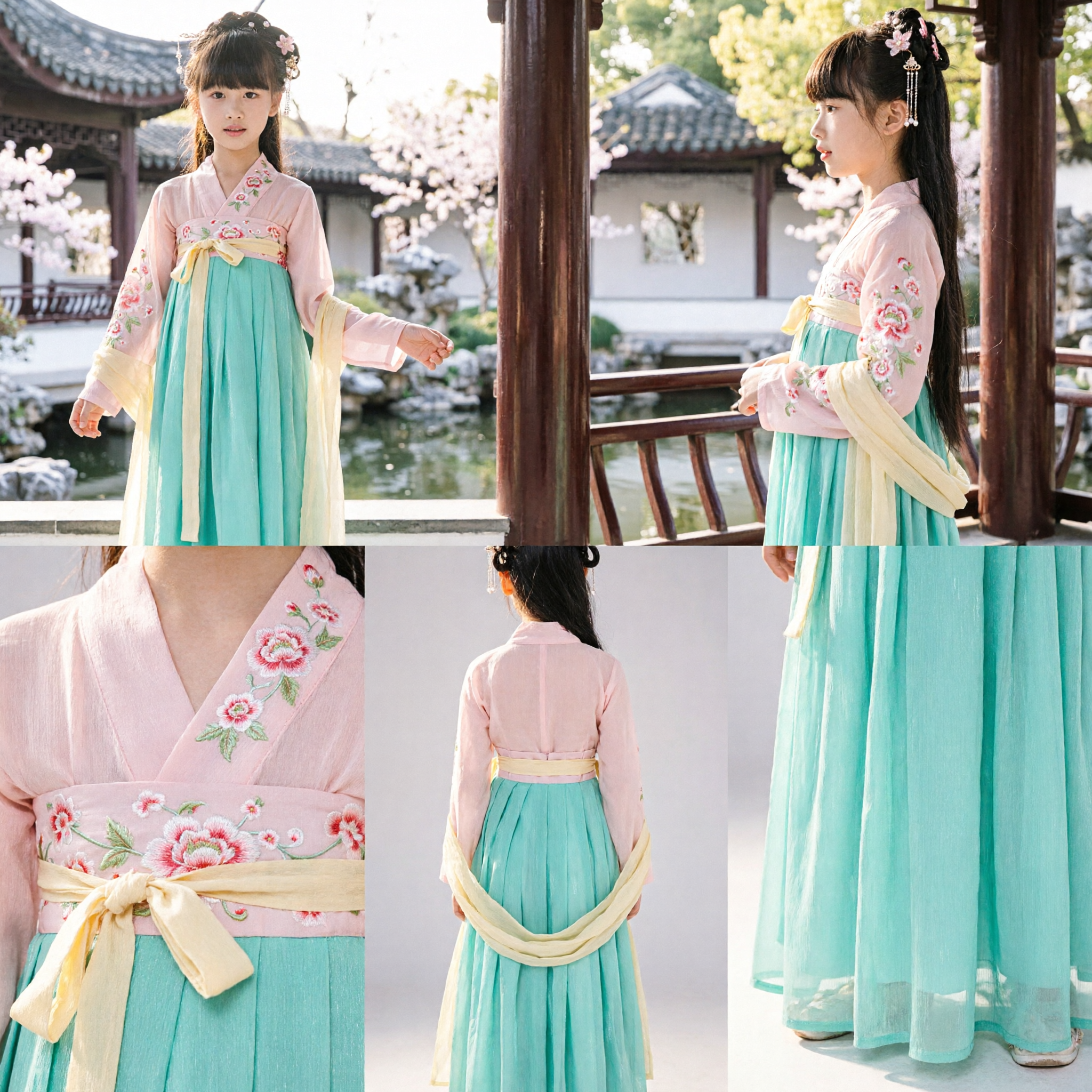 Traje Antiguo Hanfu Tradicional Chino para Niñas, Vestido de Princesa de la Dinastía Tang Bordado en Verde y Rosa - Asian Costume