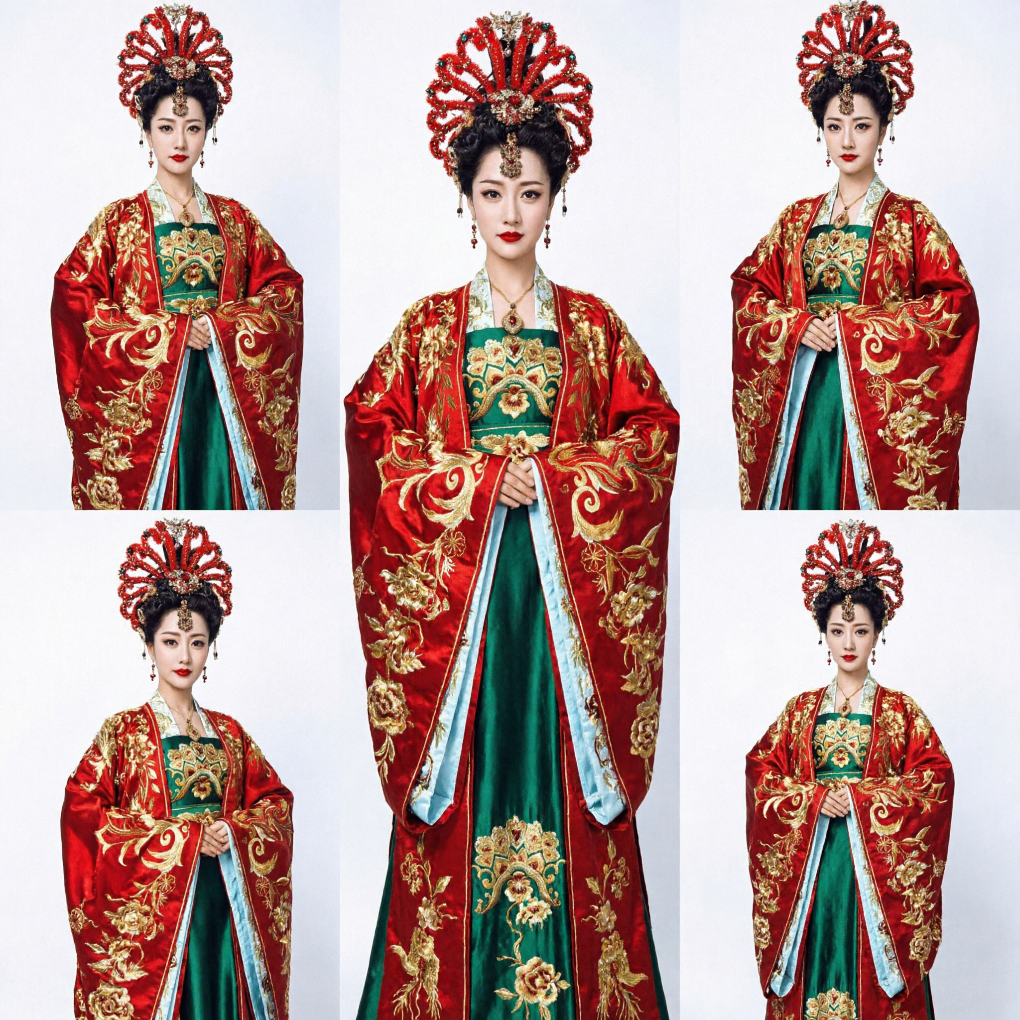 고대 중국 당나라 황후 의상 빨간색 예복 녹색 드레스 한푸 웨딩 복장 여성용 - Asian Costume