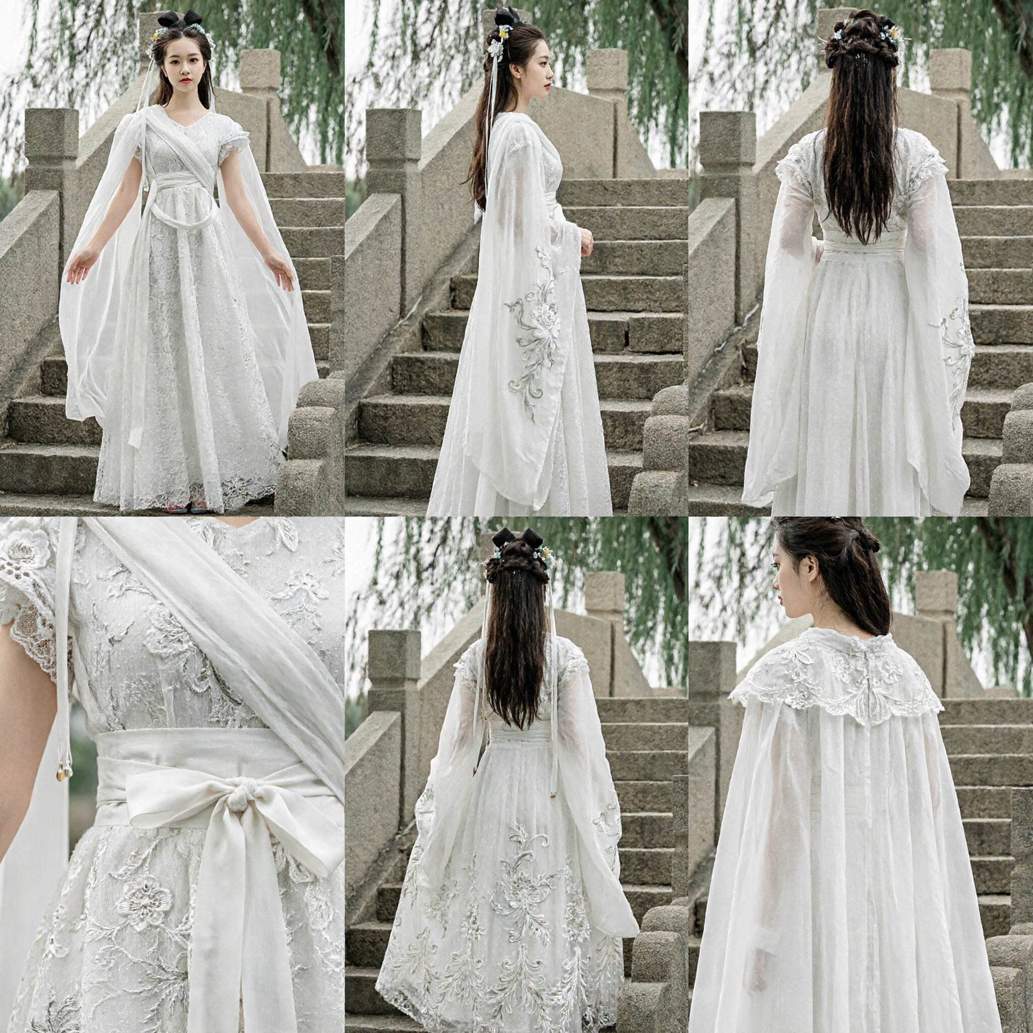 Elegante Traje Hanfu de Encaje Blanco, Vestido de Hada Tradicional Chino Antiguo para Cosplay y Fotografía de Mujeres - Asian Costume